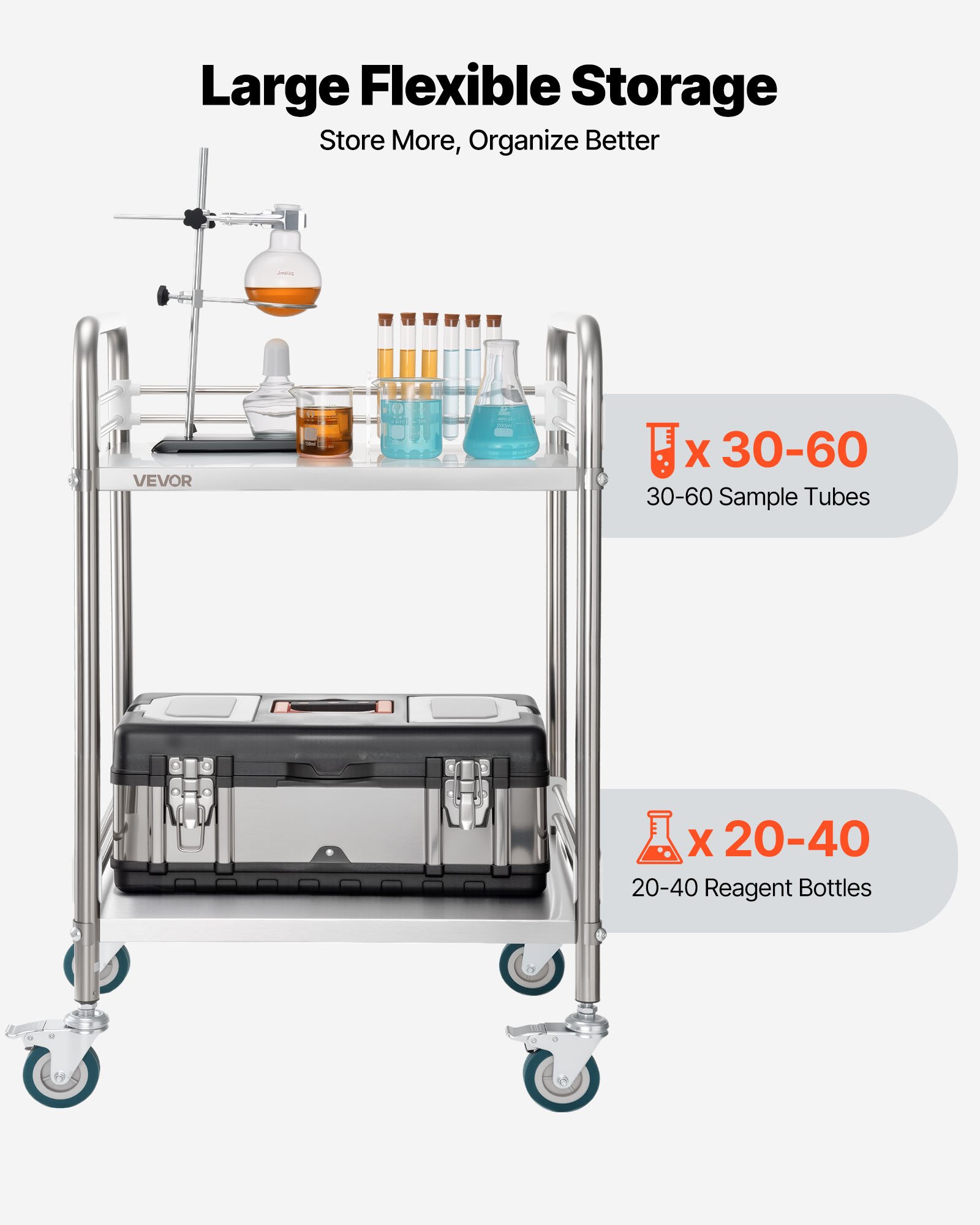 VEVOR Stainless Steel Cart, 2-Tier Rolling Lab Utility Cart with Lockable Wheels, Medical Serving Trolley Clinic Tray, Heavy Duty Mobile Service Storage Tray for Hospital, Restaurant, Kitchen, Salon