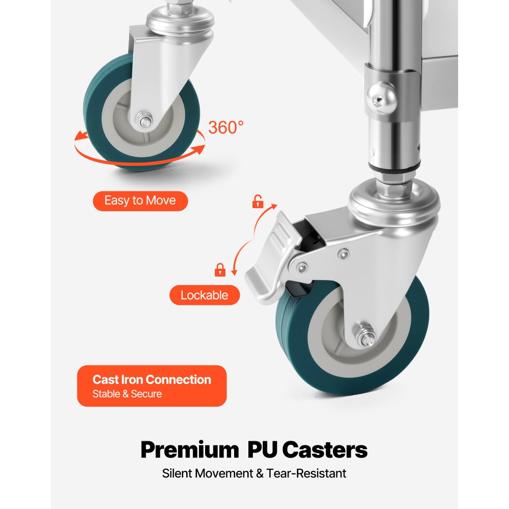 Wózek ze stali nierdzewnej VEVOR, 3-poziomowy wózek jezdny do laboratorium i kuchni z blokowanymi kołami, wózek do serwowania dla placówek medycznych, mobilna taca do serwowania dla szpitali, restauracji i kuchni