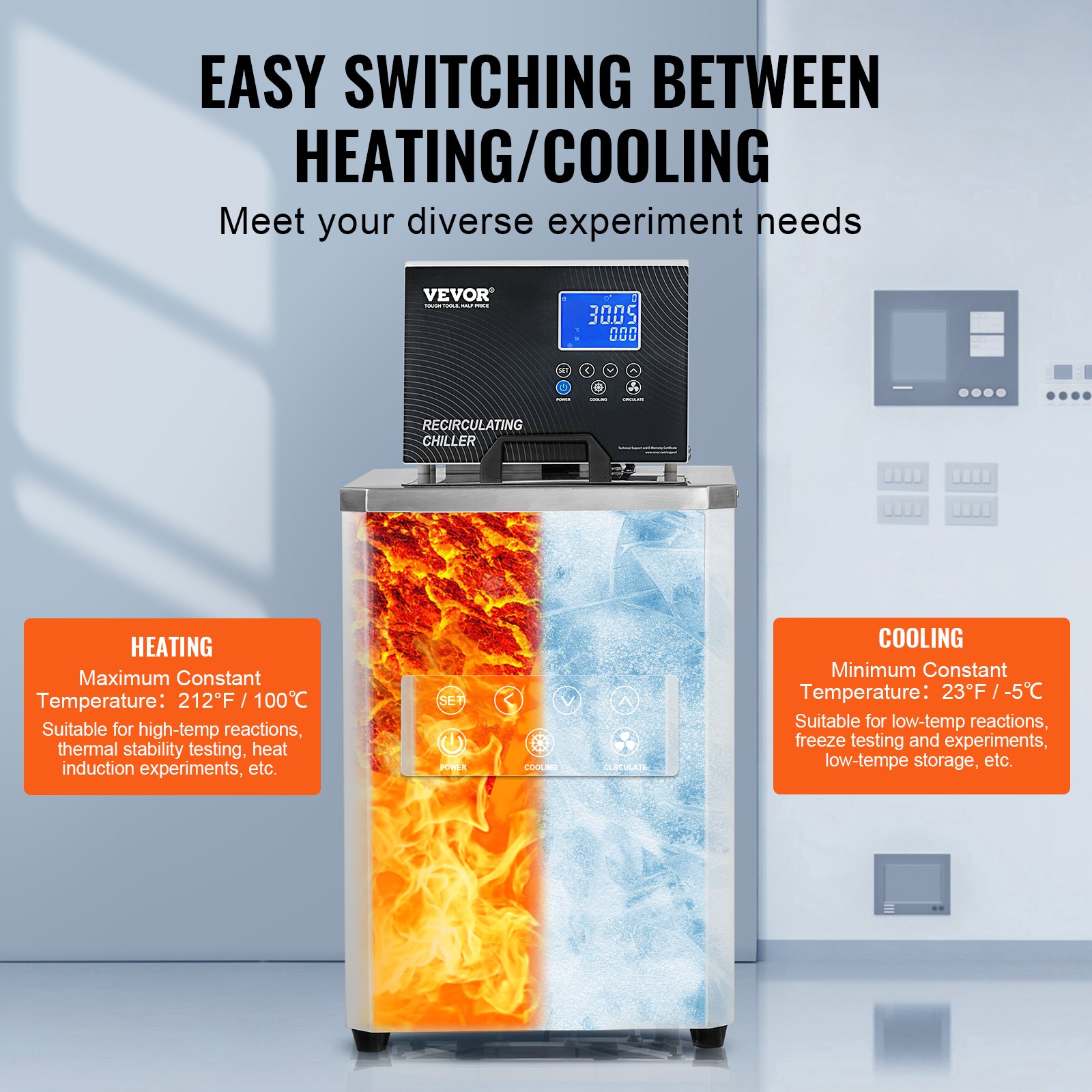 Pompa chłodząca/obiegowa laboratoryjna VEVOR, agregat chłodniczy 6 l do cieczy chłodzącej o niskiej temperaturze, od -1°C do 100°C, agregat chłodniczy z pompą obiegową, wyświetlacz LCD, łaźnia wodna z chłodzeniem wodnym, wykonana ze stali nierdzewnej 304