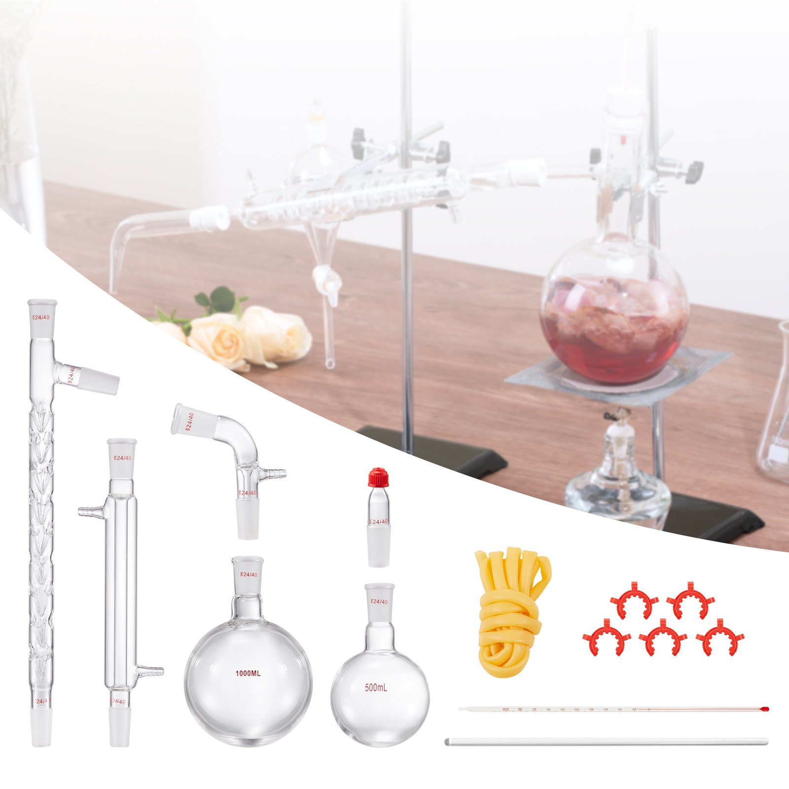 VEVOR Laboratory Distillation Set, 3.3 Boro Laboratory Glass Distillation Set with 24 and 40 Compounds, 1000 ml Essential Oil Distillation Equipment Set, 14-Piece Set with Glassware