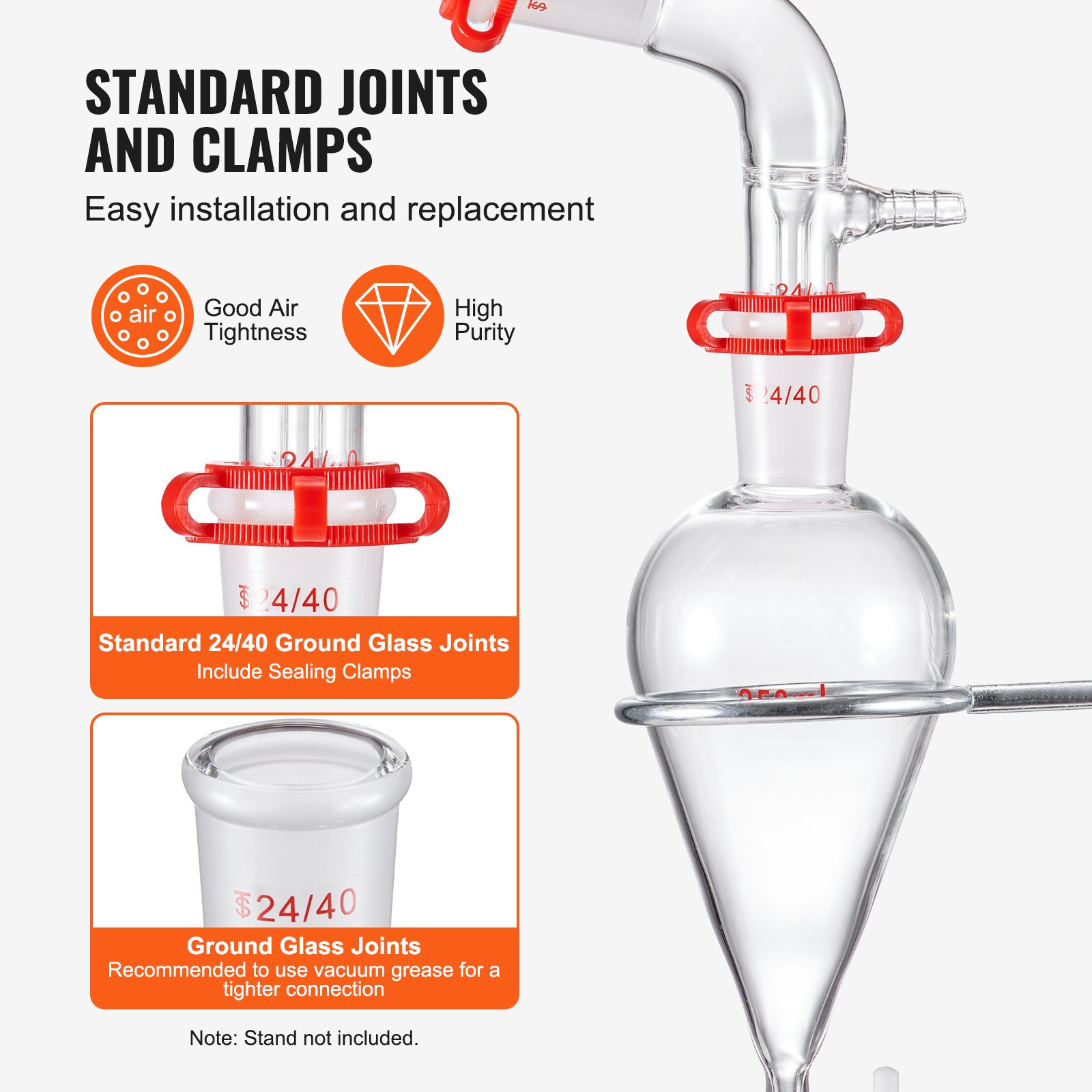 Zestaw do destylacji laboratoryjnej VEVOR, zestaw do destylacji w szkle laboratoryjnym borowym 3,3 z 24 i 40 złączami, zestaw aparatów do destylacji 1000 ml do olejków eterycznych, 32-częściowy zestaw naczyń szklanych