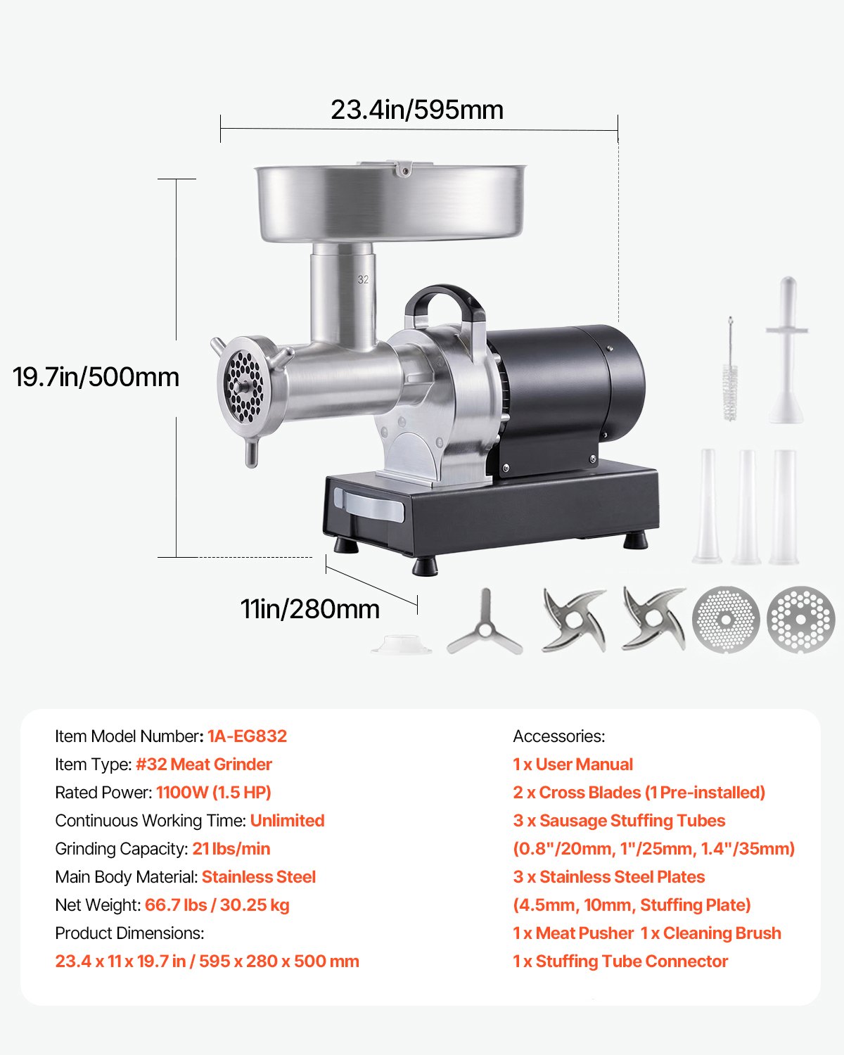 Maszynka do mielenia mięsa VEVOR, wydajność 9,5 kg/min, nr 32, elektryczna maszynka do mielenia mięsa z 3 perforowanymi tarczami, nasadka do kiełbas, 1100 W, robot kuchenny 2 w 1 ze stali nierdzewnej do kuchni i restauracji
