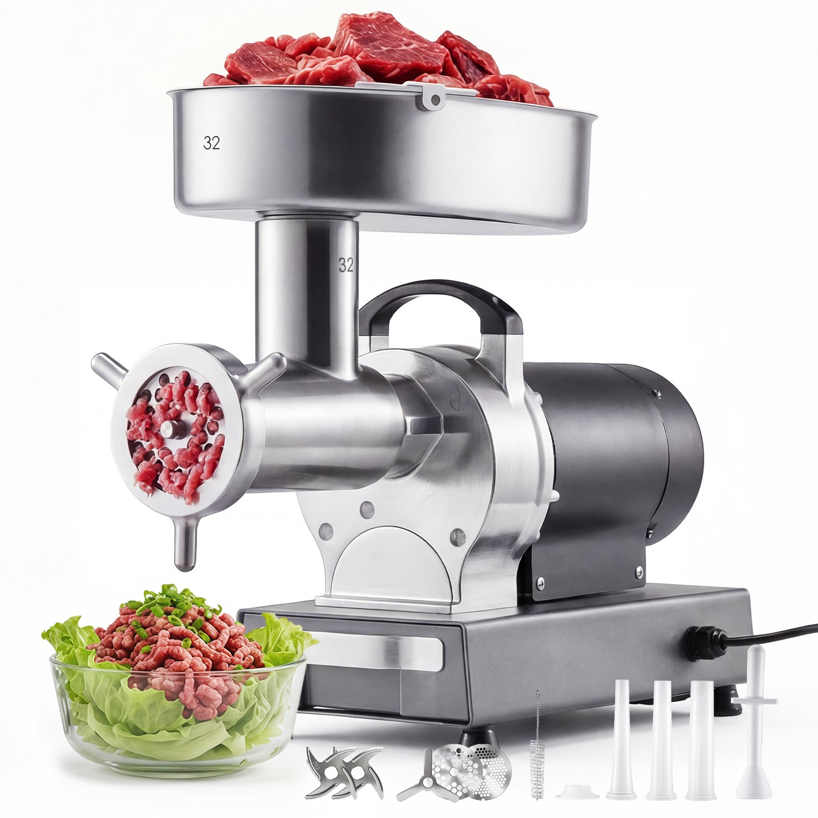 Maszynka do mielenia mięsa VEVOR, wydajność 9,5 kg/min, nr 32, elektryczna maszynka do mielenia mięsa z 3 perforowanymi tarczami, nasadka do kiełbas, 1100 W, robot kuchenny 2 w 1 ze stali nierdzewnej do kuchni i restauracji