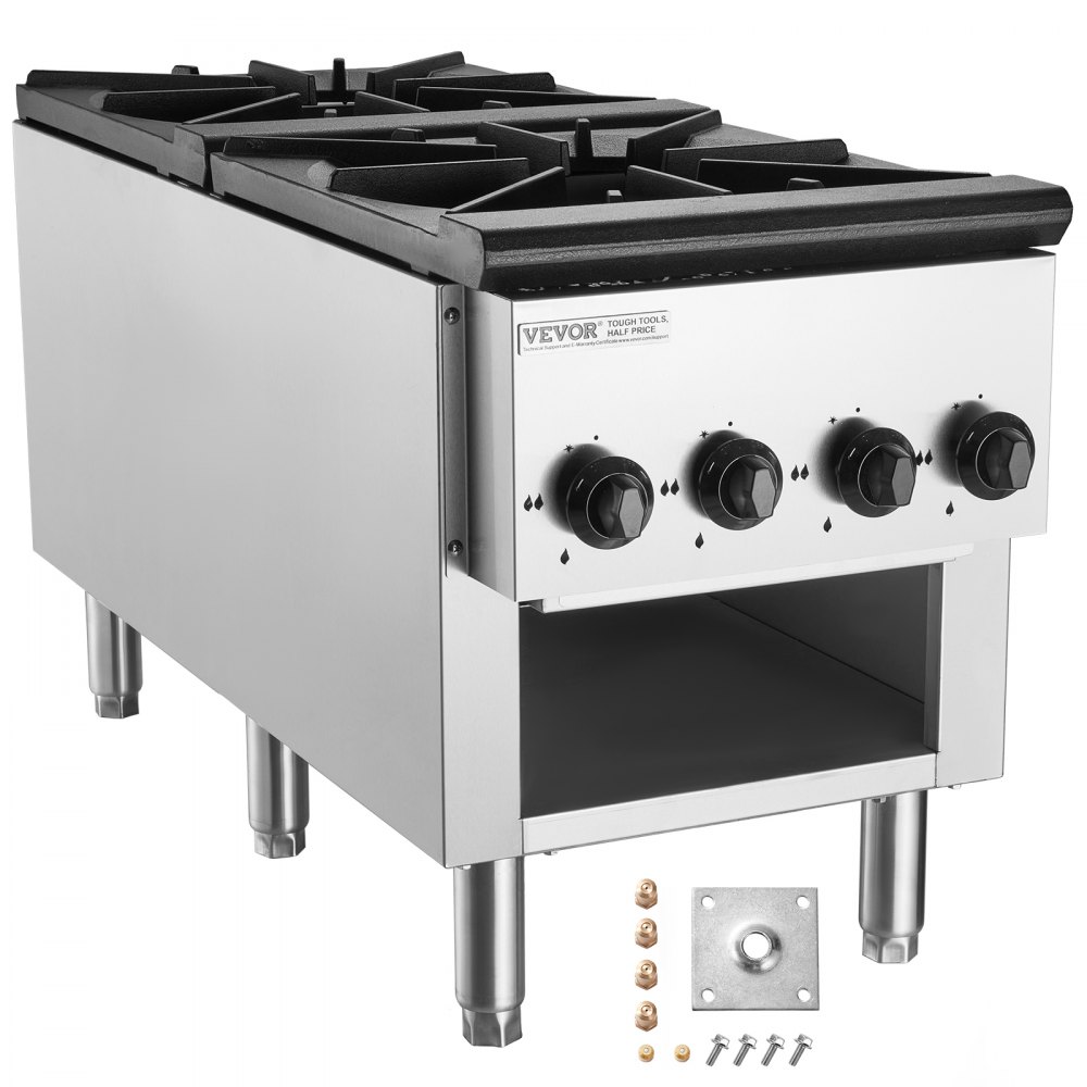VEVOR Komercyjna kuchenka gazowa z obudową i 2 palnikami, kuchenka na propan/gaz ziemny, płyta gazowa ze stali nierdzewnej, urządzenie do gotowania komercyjnego 460 x 1170 x 610 mm do restauracji, hoteli i kawiarni, 52 kW