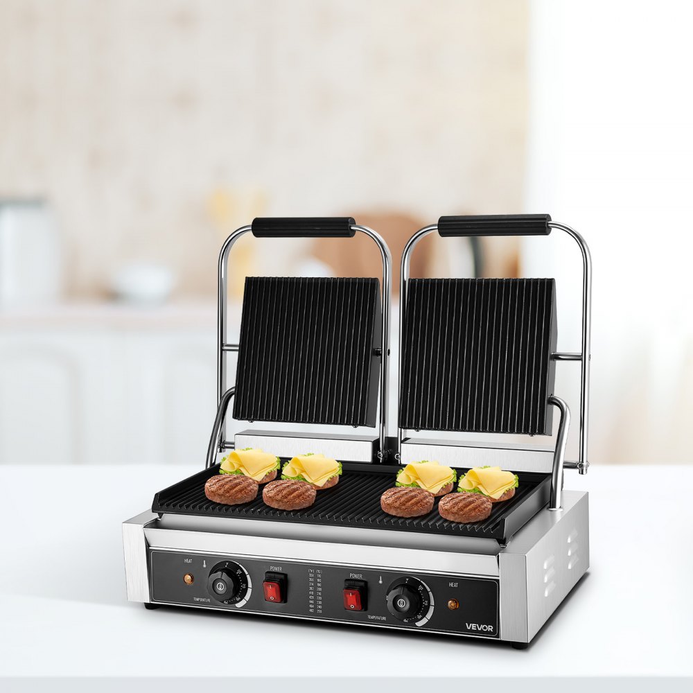 VEVOR Komercyjny grill kontaktowy 3600 W Elektryczny opiekacz do kanapek (podwójne płyty do pieczenia) Stal nierdzewna Opiekacz do panini z kontrolą temperatury, 48 x 23 cm Ryflowana płyta emaliowana do hamburgerów, steków i boczku