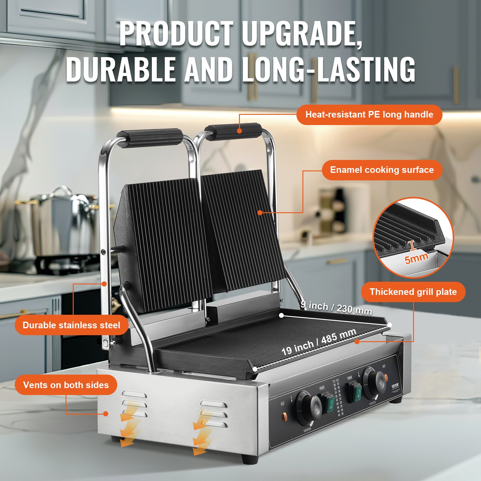 Grill elektryczny VEVOR Commercial Piadine Sandwich Grill, 3600 W, podwójny, elektryczny, do kanapek panini, wykonany ze stali nierdzewnej, emaliowana płyta szczelinowa z regulacją temperatury, temperatura grilla podwójnego ok. 50°C do 300°C