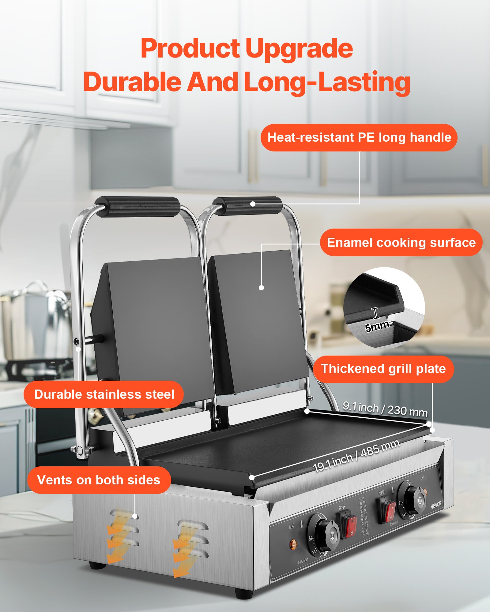 VEVOR Komercyjny grill kontaktowy 3600 W Elektryczny opiekacz do kanapek (podwójne płyty do pieczenia) Stal nierdzewna Opiekacz do panini z kontrolą temperatury, płaska płyta emaliowana 48 x 23 cm, do hamburgerów, steków i boczku