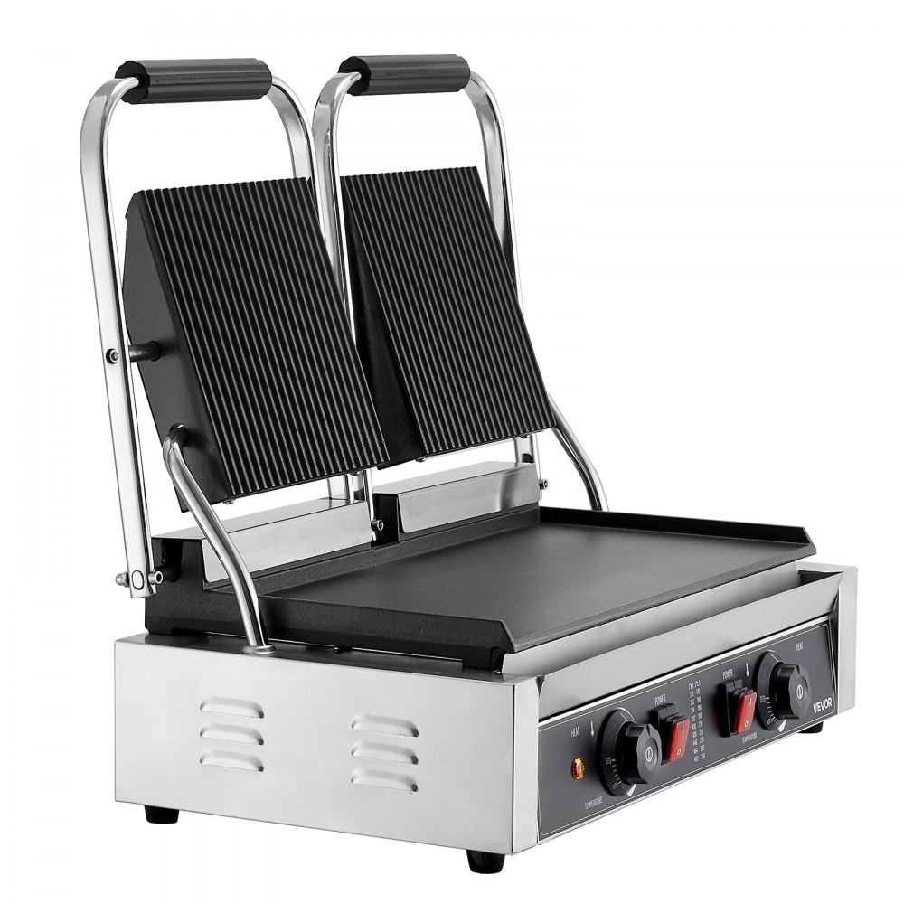 Grill kontaktowy VEVOR Commercial Panini Grill 3600 W do kanapek, steków, bekonu, hamburgerów, opiekacz do kanapek, grill ze stali nierdzewnej z uchwytem i kontrolą temperatury, płyta grzewcza 48 x 23 cm, opiekacz do panini