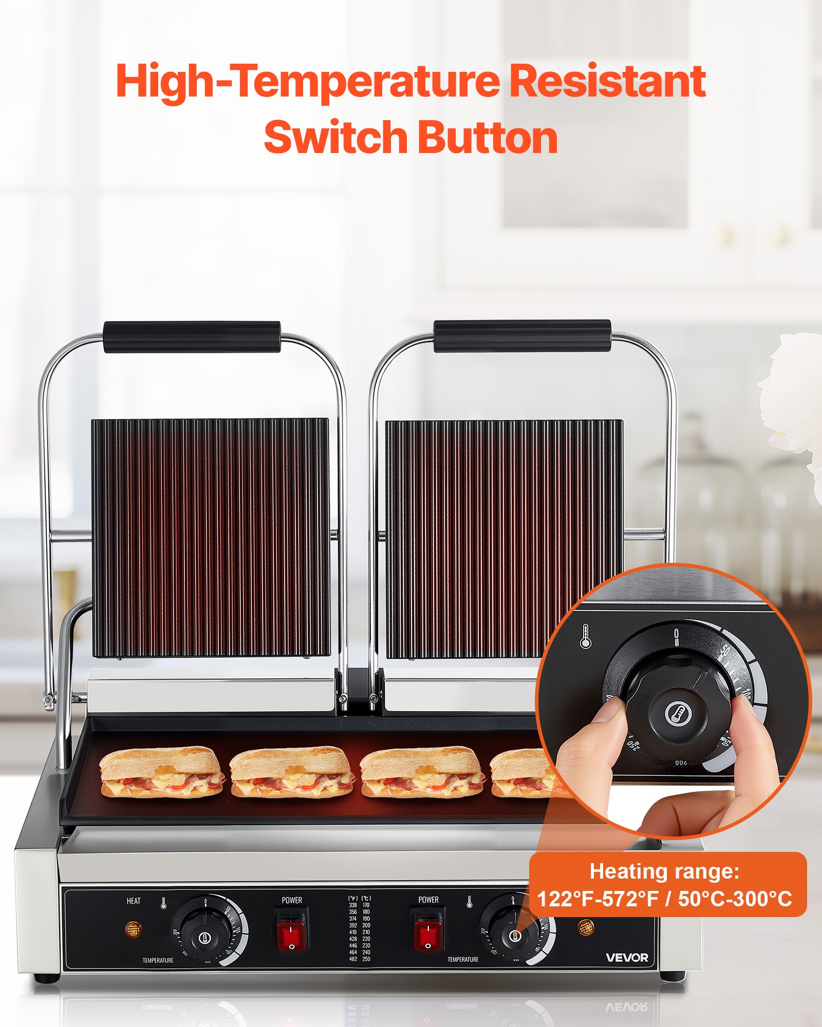 Grill kontaktowy VEVOR Commercial Panini Grill 3600 W do kanapek, steków, bekonu, hamburgerów, opiekacz do kanapek, grill ze stali nierdzewnej z uchwytem i kontrolą temperatury, płyta grzewcza 48 x 23 cm, opiekacz do panini