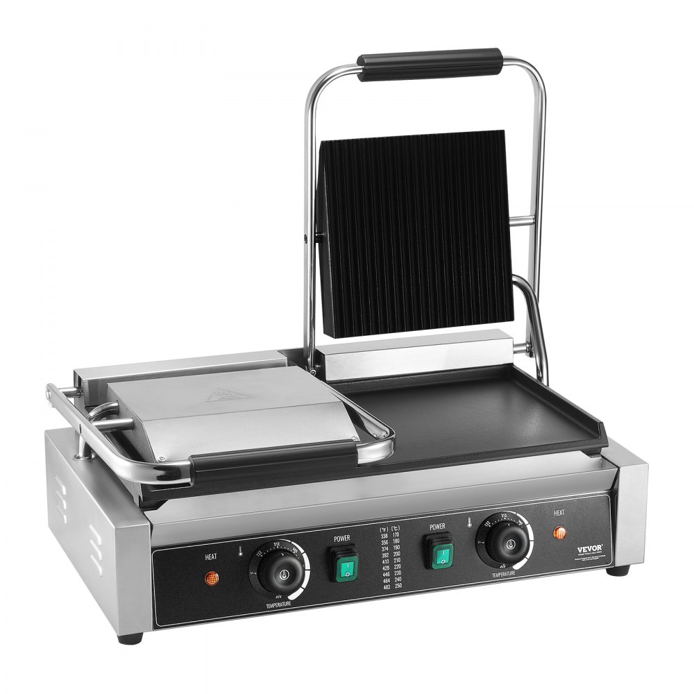 Grill elektryczny VEVOR Commercial Panini, 3600 W, podwójny grill ze stali nierdzewnej, z kontrolą temperatury i płaską emaliowaną płytą 485 x 230 mm do hamburgerów, steków i boczku