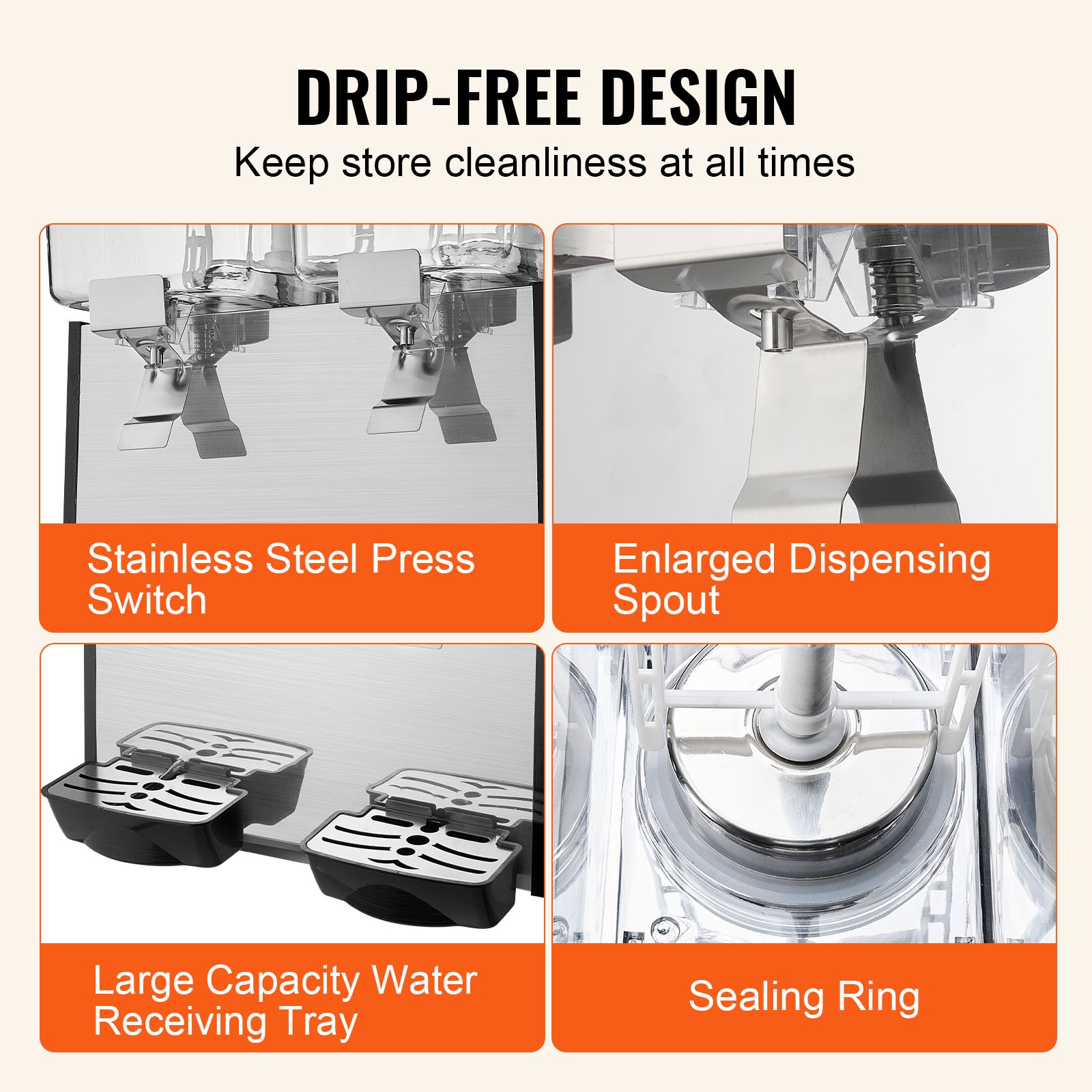 VEVOR Komercyjny dozownik napojów z 2 zbiornikami, dozownik soku 18 l (na zbiornik), maszyna do mrożonej herbaty ze stali nierdzewnej o mocy 370 W z temperaturą chłodzenia 7-12 °C, do zimnych napojów, restauracji, baru, imprez, bufetu, cateringu