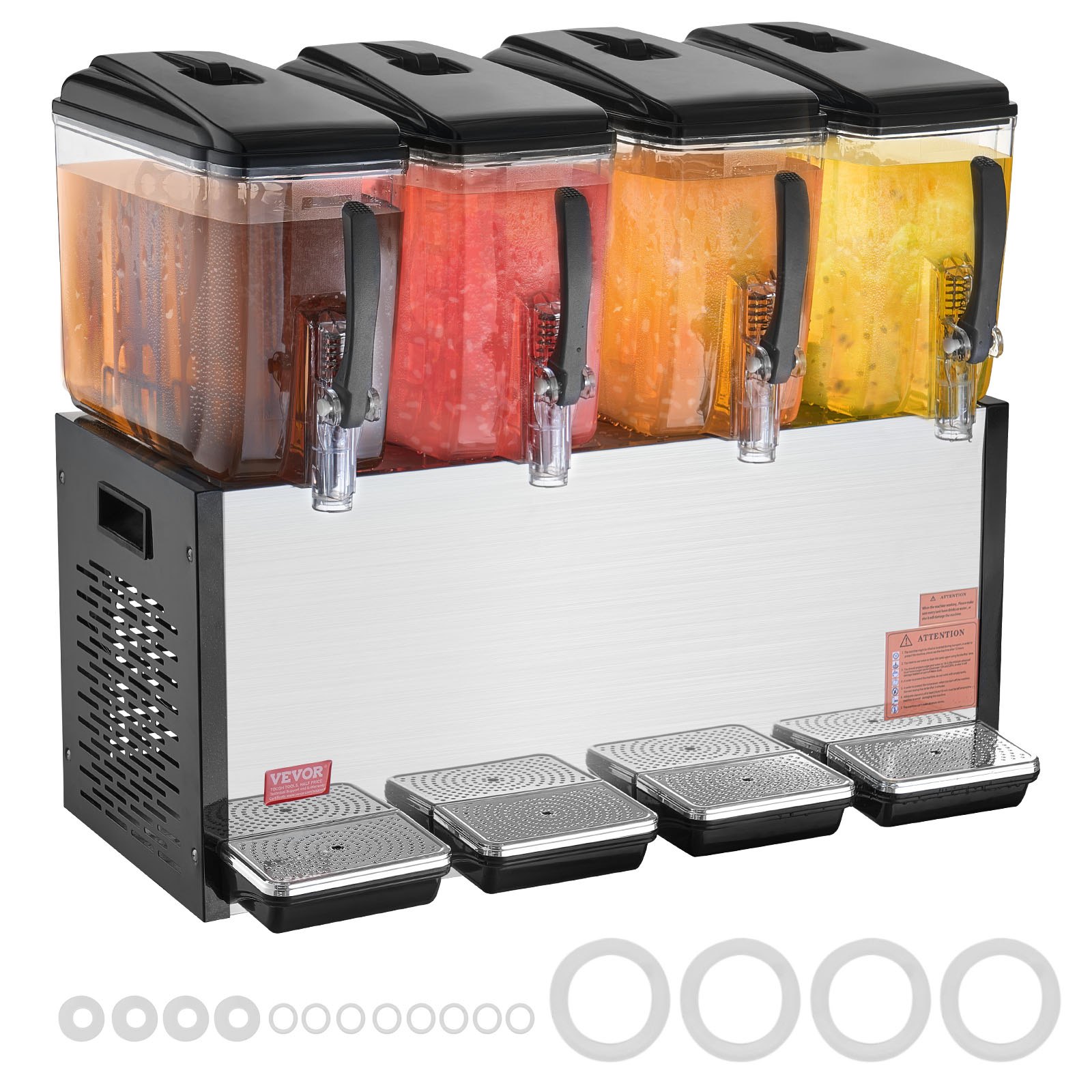 VEVOR Komercyjny dystrybutor napojów z 4 zbiornikami, dystrybutor soków 12 l (na zbiornik), 510 W Maszyna do mrożonej herbaty ze stali nierdzewnej z temperaturą chłodzenia 7-12 °C, do zimnych napojów Restauracja Bar Impreza Bufet Catering