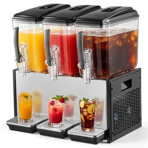 VEVOR Elektryczny dozownik napojów 3 x 12 l 7-12 °C Dozownik soku z pojemnikiem PC, do restauracji, hoteli, barów i kiosków, z mieszadłem do równomiernego mieszania, wyłącznikiem ciśnieniowym i tacką ociekową
