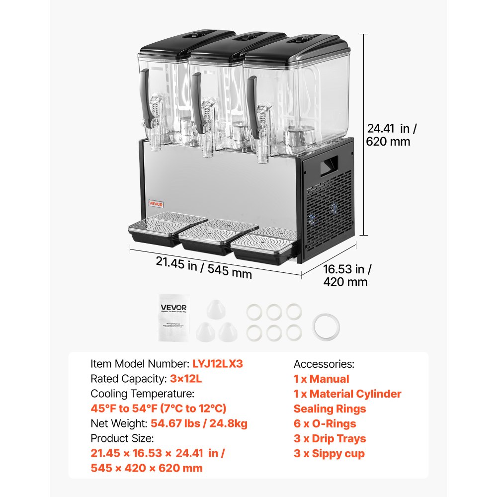 VEVOR Elektryczny dozownik napojów 3 x 12 l 7-12 °C Dozownik soku z pojemnikiem PC, do restauracji, hoteli, barów i kiosków, z mieszadłem do równomiernego mieszania, wyłącznikiem ciśnieniowym i tacką ociekową