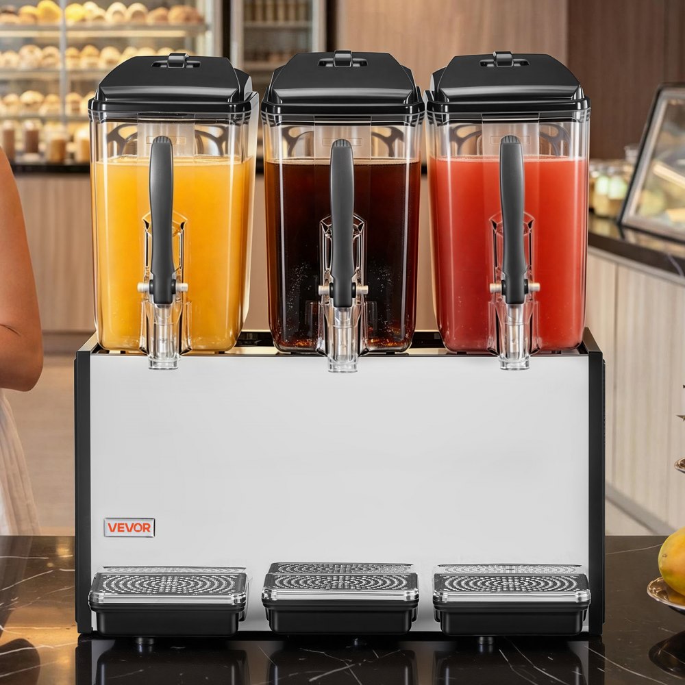 VEVOR Elektryczny dozownik napojów 3 x 12 l 7-12 °C Dozownik soku z pojemnikiem PC, do restauracji, hoteli, barów i kiosków, z mieszadłem do równomiernego mieszania, wyłącznikiem ciśnieniowym i tacką ociekową