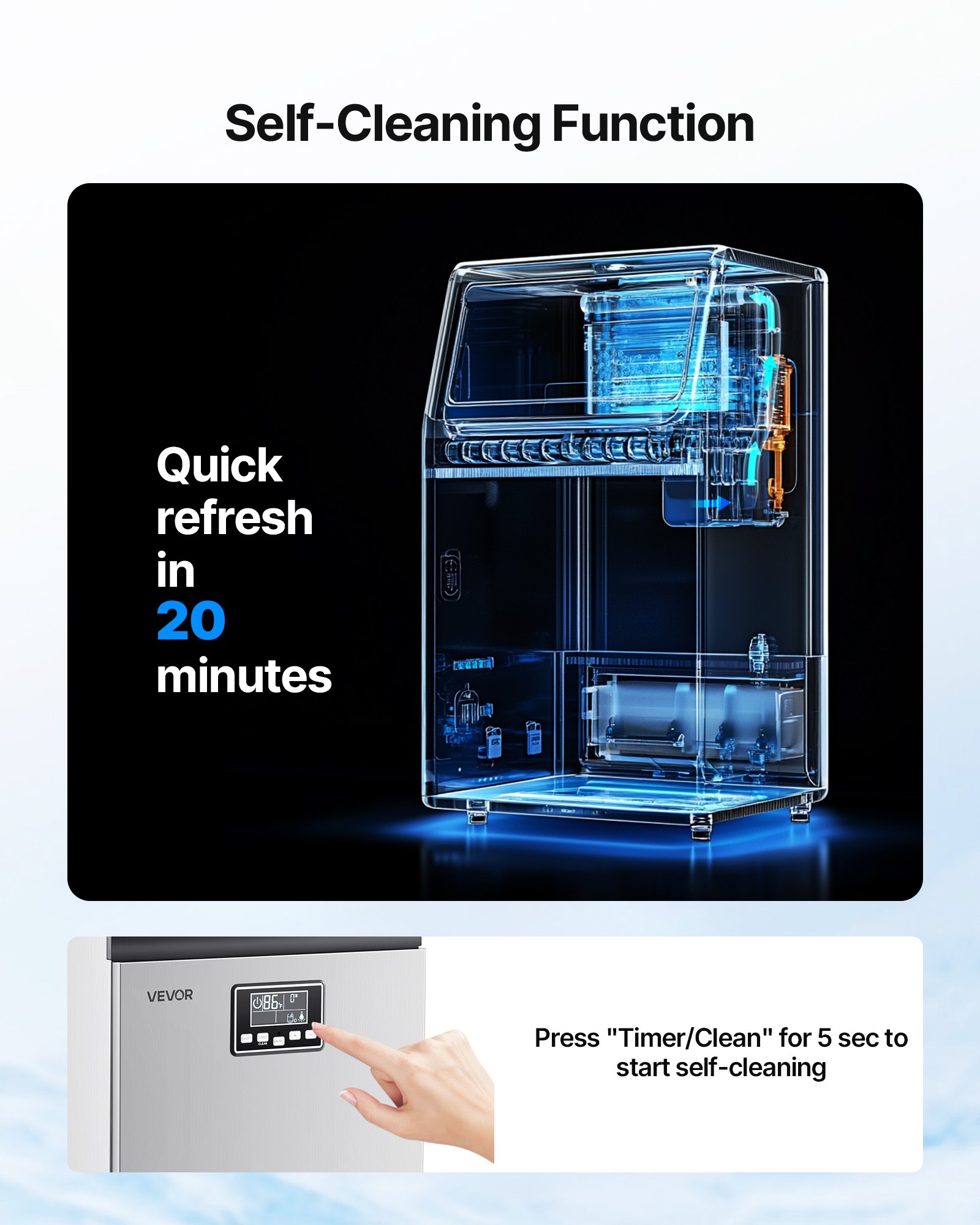 VEVOR komercyjna kostkarka do lodu, kostkarka do lodu o wydajności 54 kg/dzień z zasobnikiem 13 kg, wolnostojąca i podblatowa kostkarka do lodu ze stali nierdzewnej z wyświetlaczem LED i funkcją samoczyszczenia