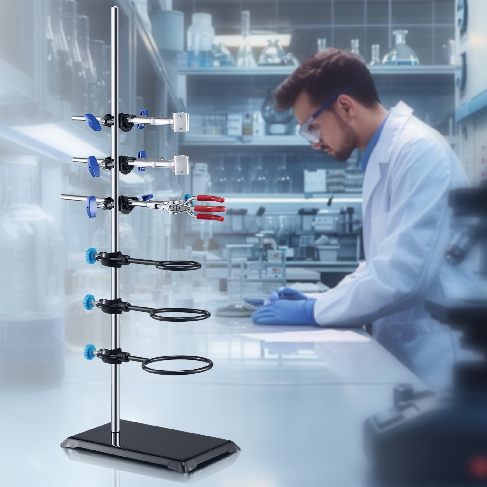 VEVOR Laboratory Stand Support, Laboratory Retort Support Stand 1 Set, Steel Laboratory Stand with 60 cm Rod & 210.82 x 135 mm Cast Iron Base, incl. Piston Clamps, Burette Clamps and Cross Clamps