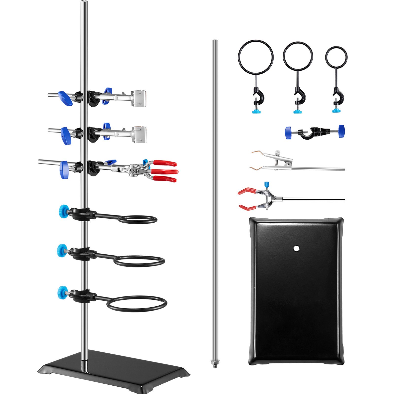 VEVOR Laboratory Stand Support, Laboratory Retort Support Stand 1 Set, Steel Laboratory Stand with 60 cm Rod & 210.82 x 135 mm Cast Iron Base, incl. Piston Clamps, Burette Clamps and Cross Clamps