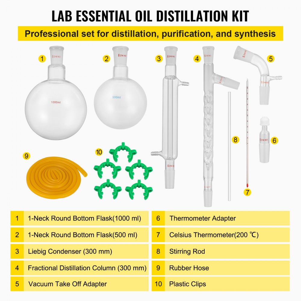 Urządzenie do destylacji VEVOR Destylacja laboratoryjna 13-częściowe szkło laboratoryjne 24/40 1000ml