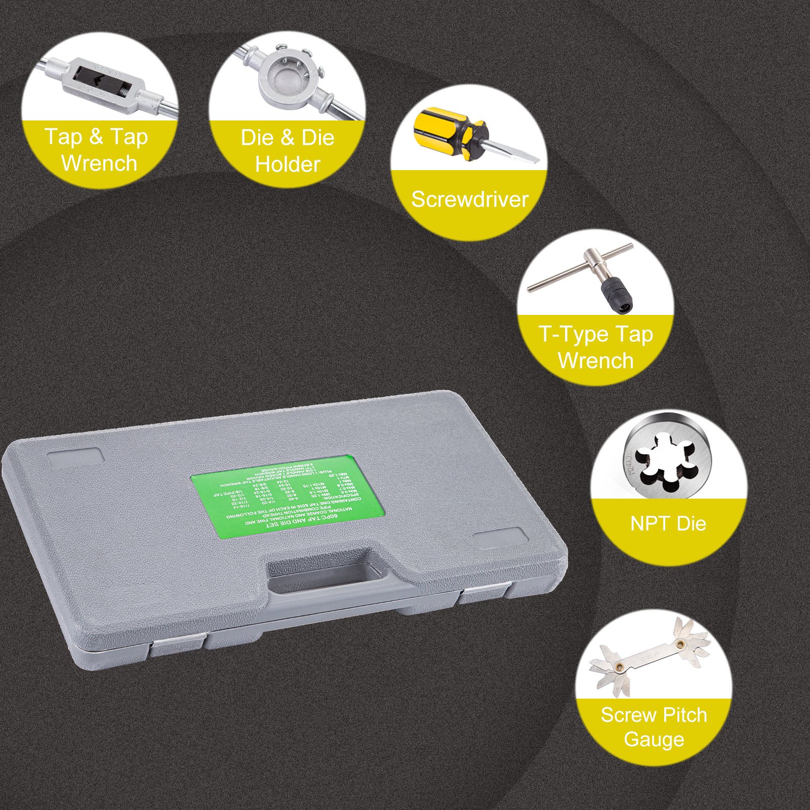 VEVOR 60-częściowy zestaw gwintowników i gwintowników Zestaw gwintowników i narzynek 00147