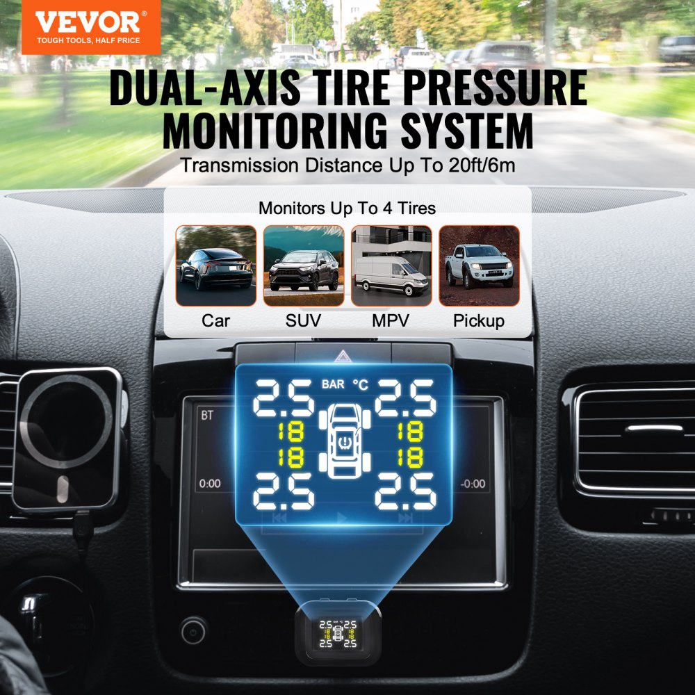 System monitorowania ciśnienia w oponach VEVOR RV, TPMS przyczepy 7,3-87 psi, uniwersalny bezprzewodowy system alarmowy do samochodu, wodoodporny zestaw czujników TPMS z 4 czujnikami, 5 trybów alarmu, wyświetlacz w czasie rzeczywistym