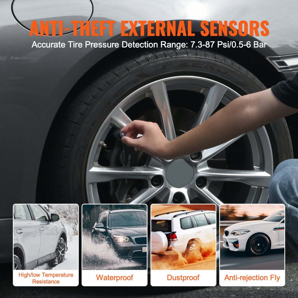 System monitorowania ciśnienia w oponach VEVOR RV, TPMS przyczepy 7,3-87 psi, uniwersalny bezprzewodowy system alarmowy do samochodu, wodoodporny zestaw czujników TPMS z 4 czujnikami, 5 trybów alarmu, wyświetlacz w czasie rzeczywistym