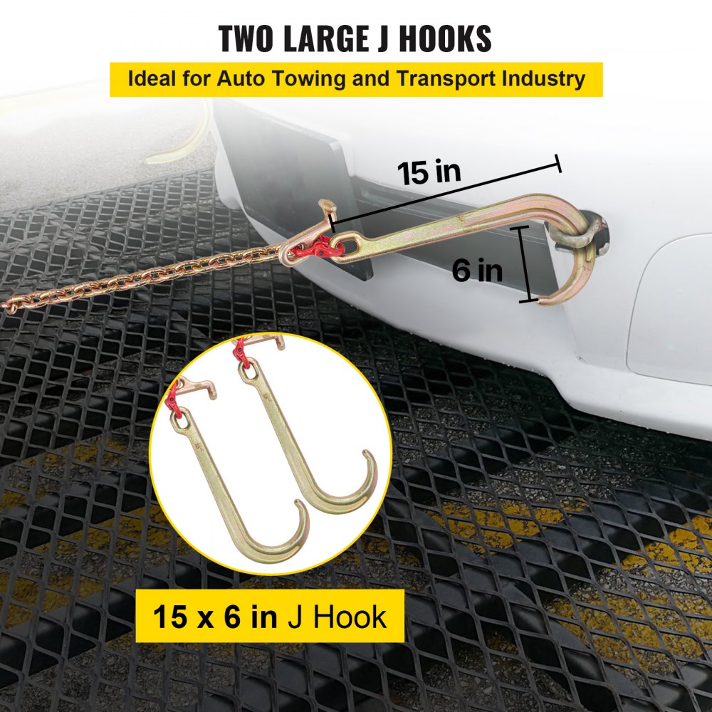 Łańcuch holowniczy VEVOR J-Hook, 3 m x 8 mm, łańcuch transportowy G80 Bridle, łańcuch ze stali stopowej z 2 hakami J G70, hak holowniczy 4200 kg do ciężarówek, paski holownicze J-Hook, 2 sztuki