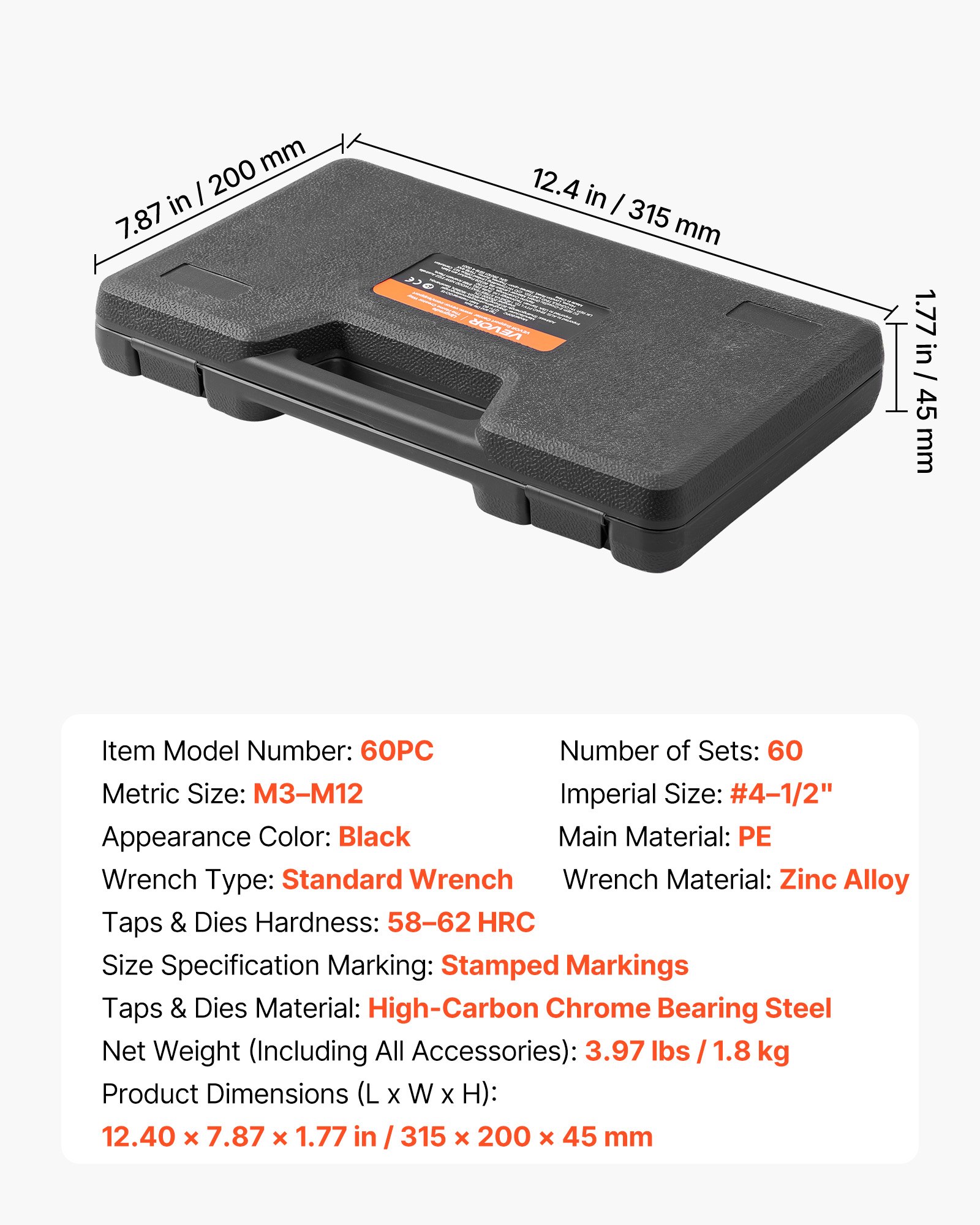 Zestaw gwintowników i narzynek VEVOR, 60 elementów, rozmiary metryczne i SAE M3 do M12, od nr 4 do 1/2 cala, z gwintownikami i narzynkami zgrubnymi i drobnymi, kluczem i walizką transportową