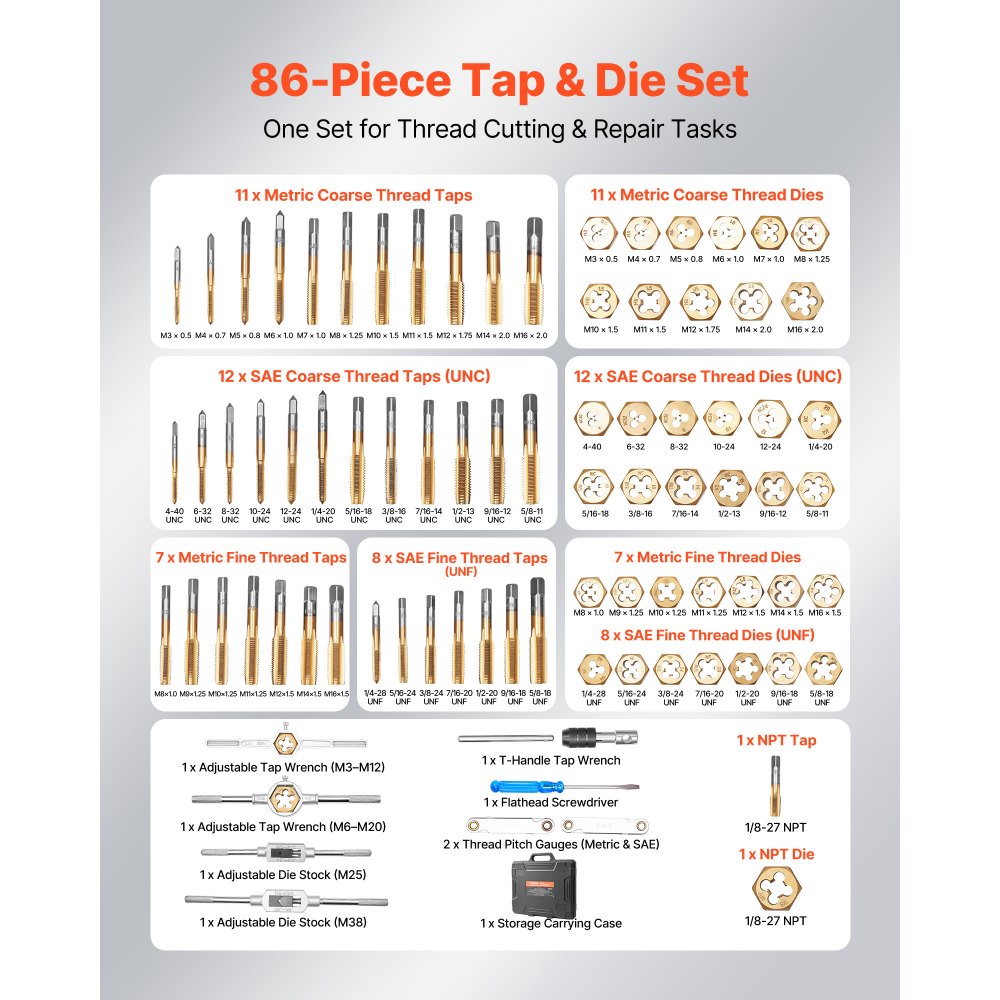VEVOR Tap and Die Set, 86-Piece Metric and SAE Sizes M3 to M12, with Coarse and Fine Thread Taps and Dies, Wrench, Carrying Storage Case and Complete Accessories, for Threading and Rethreading