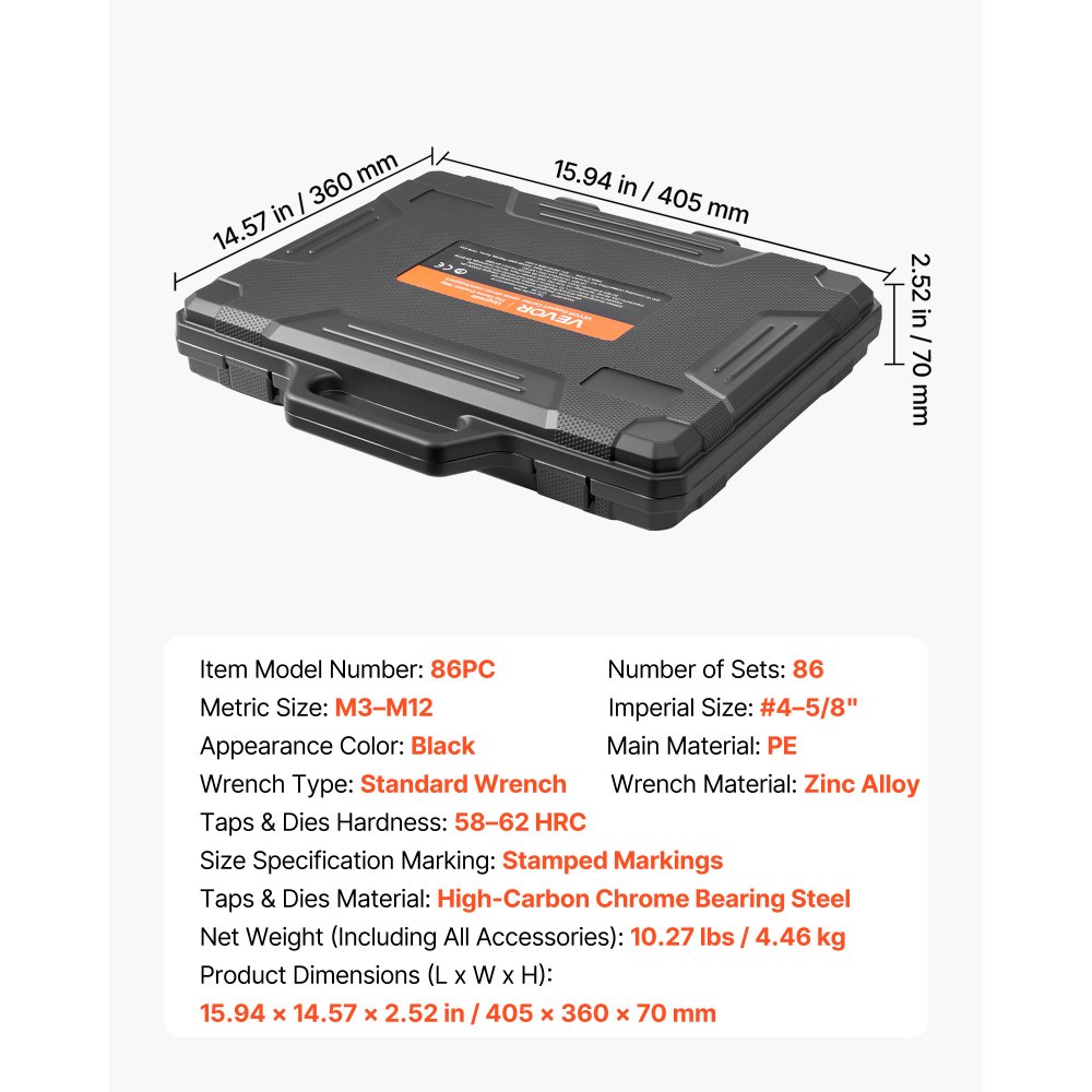 VEVOR Tap and Die Set, 86-Piece Metric and SAE Sizes M3 to M12, with Coarse and Fine Thread Taps and Dies, Wrench, Carrying Storage Case and Complete Accessories, for Threading and Rethreading
