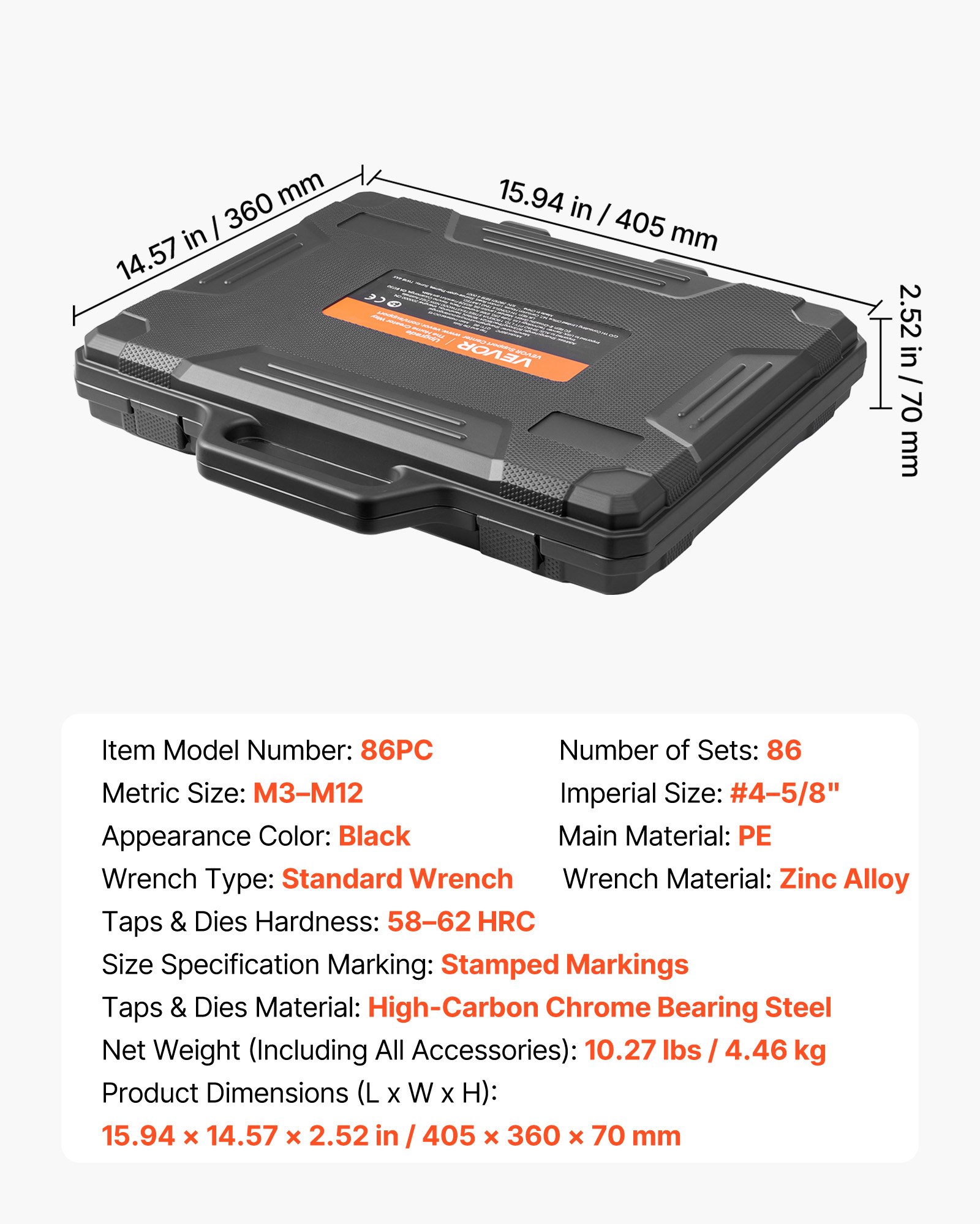 VEVOR Tap and Die Set, 86-Piece Metric and SAE Sizes M3 to M12, with Coarse and Fine Thread Taps and Dies, Wrench, Carrying Storage Case and Complete Accessories, for Threading and Rethreading