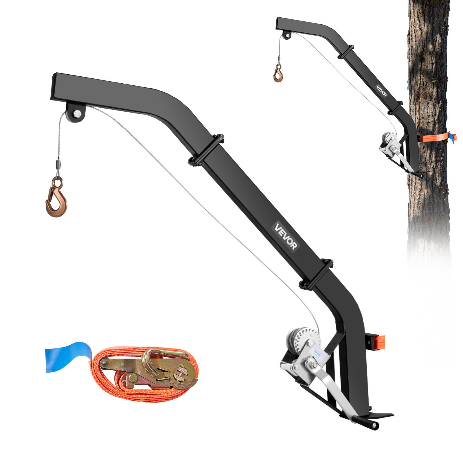 Wciągnik do polowań VEVOR do montażu na drzewach, udźwig 160 kg, urządzenie do podnoszenia zwierzyny z pasem zapadkowym, wytrzymały wieszak na jelenie do skórowania, czyszczenia i wieszania dzikich zwierząt, 1200 x 310 x 130 mm, kolor czarny