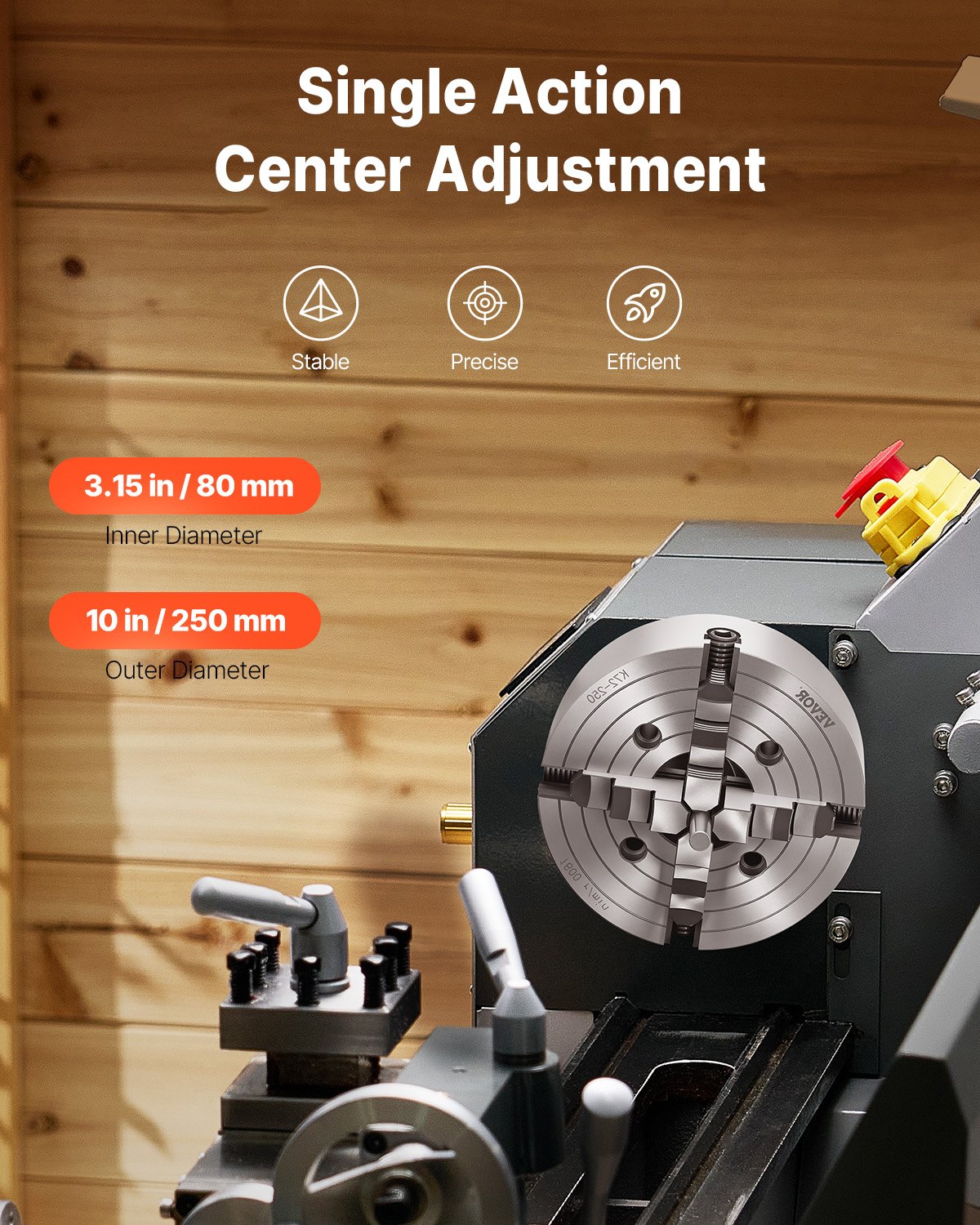 Uchwyt tokarski VEVOR 250 mm z 4 szczękami, zakres mocowania 15–250 mm ze śrubami mocującymi typu T, szczęki odwracalne, materiał HT300, do tokarki do drewna i metalu