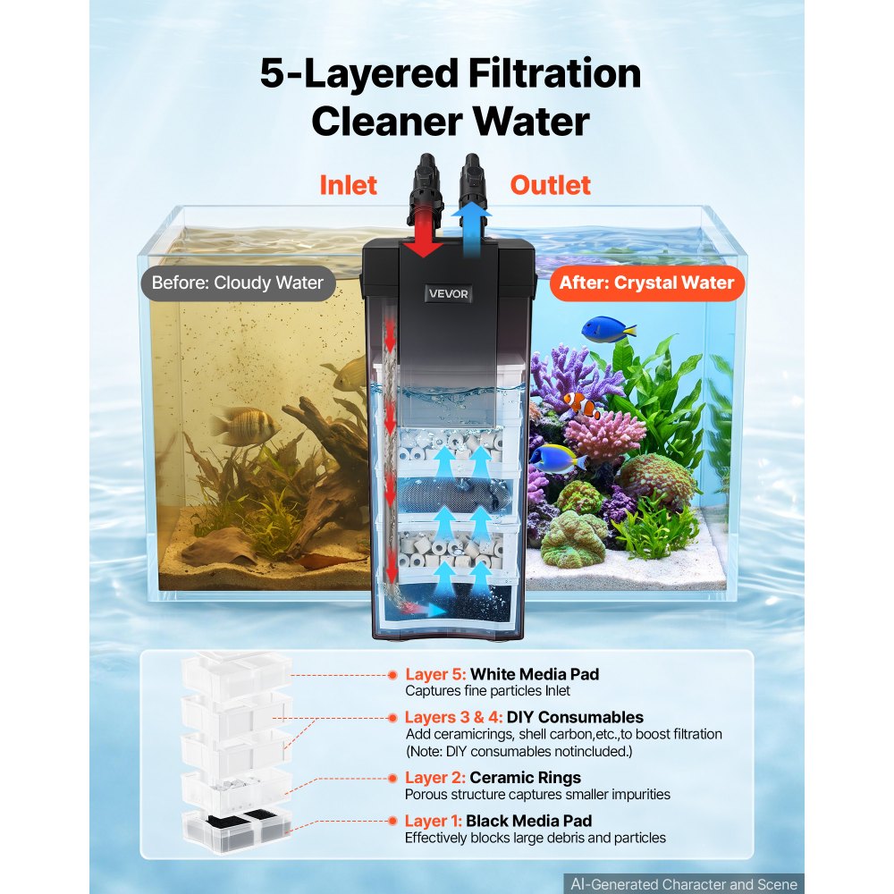 Filtr zewnętrzny do akwarium VEVOR, maks. 2000 l/h, 5-stopniowy filtr do akwarium, IPX4, zewnętrzny system filtracyjny do cyrkulacji i czyszczenia akwariów i zbiorników z rybami, regulowany przepływ, 473–568 l, 5-krotne zabezpieczenie przed przepełnieniem