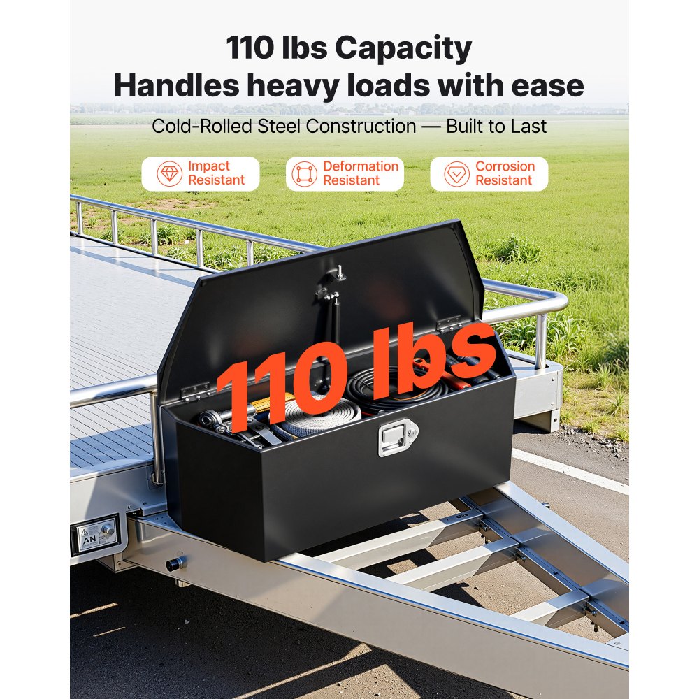 Skrzynia narzędziowa VEVOR Drawbar Box Truckbox 914 x 314 x 305 mm wykonana ze stali, nośność 50 kg, z zamkiem i kluczykami, do przyczep typu pickup, kamperów, SUV-ów, pojazdów terenowych, czarna