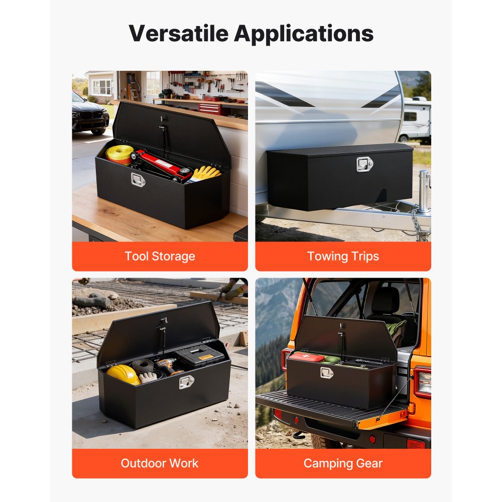 Skrzynia narzędziowa VEVOR Drawbar Box Truckbox 914 x 314 x 305 mm wykonana ze stali, nośność 50 kg, z zamkiem i kluczykami, do przyczep typu pickup, kamperów, SUV-ów, pojazdów terenowych, czarna