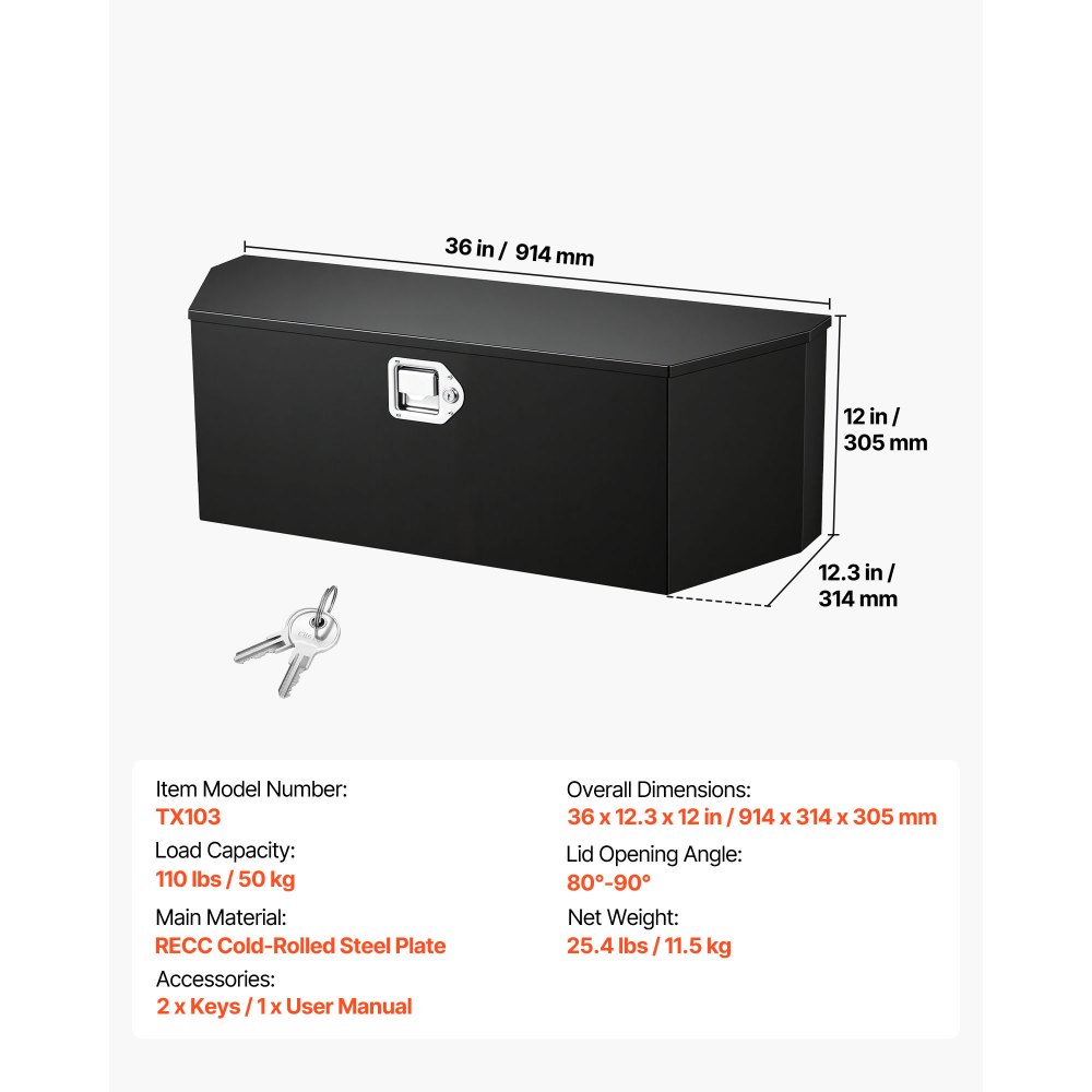 Skrzynia narzędziowa VEVOR Drawbar Box Truckbox 914 x 314 x 305 mm wykonana ze stali, nośność 50 kg, z zamkiem i kluczykami, do przyczep typu pickup, kamperów, SUV-ów, pojazdów terenowych, czarna