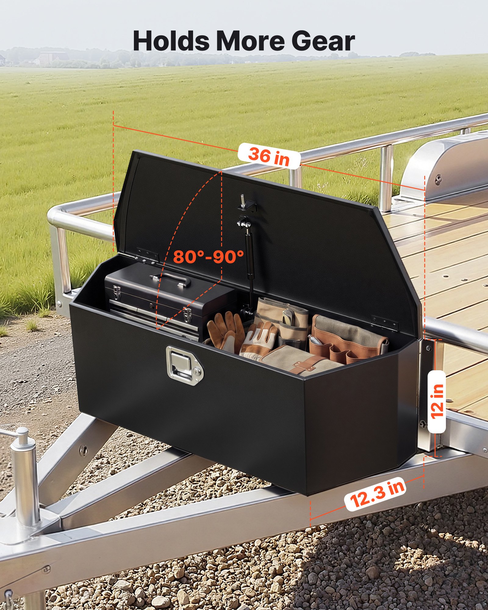 Skrzynia narzędziowa VEVOR Drawbar Box Truckbox 914 x 314 x 305 mm wykonana ze stali, nośność 50 kg, z zamkiem i kluczykami, do przyczep typu pickup, kamperów, SUV-ów, pojazdów terenowych, czarna