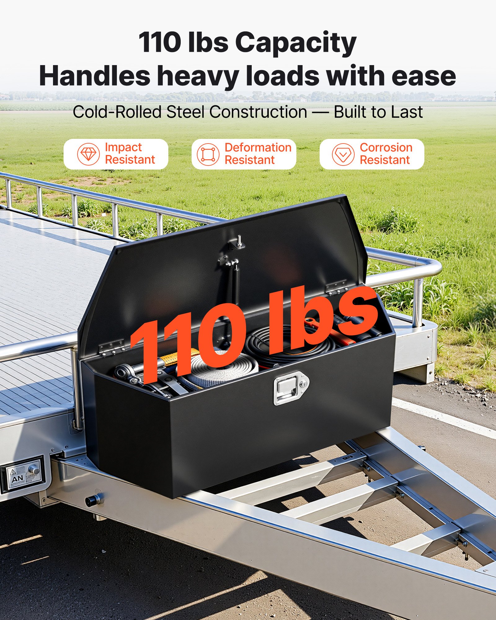 Skrzynia narzędziowa VEVOR Drawbar Box Truckbox 914 x 314 x 305 mm wykonana ze stali, nośność 50 kg, z zamkiem i kluczykami, do przyczep typu pickup, kamperów, SUV-ów, pojazdów terenowych, czarna