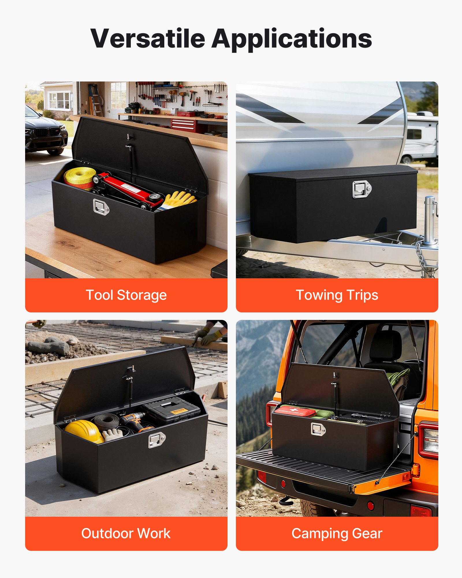 Skrzynia narzędziowa VEVOR Drawbar Box Truckbox 914 x 314 x 305 mm wykonana ze stali, nośność 50 kg, z zamkiem i kluczykami, do przyczep typu pickup, kamperów, SUV-ów, pojazdów terenowych, czarna