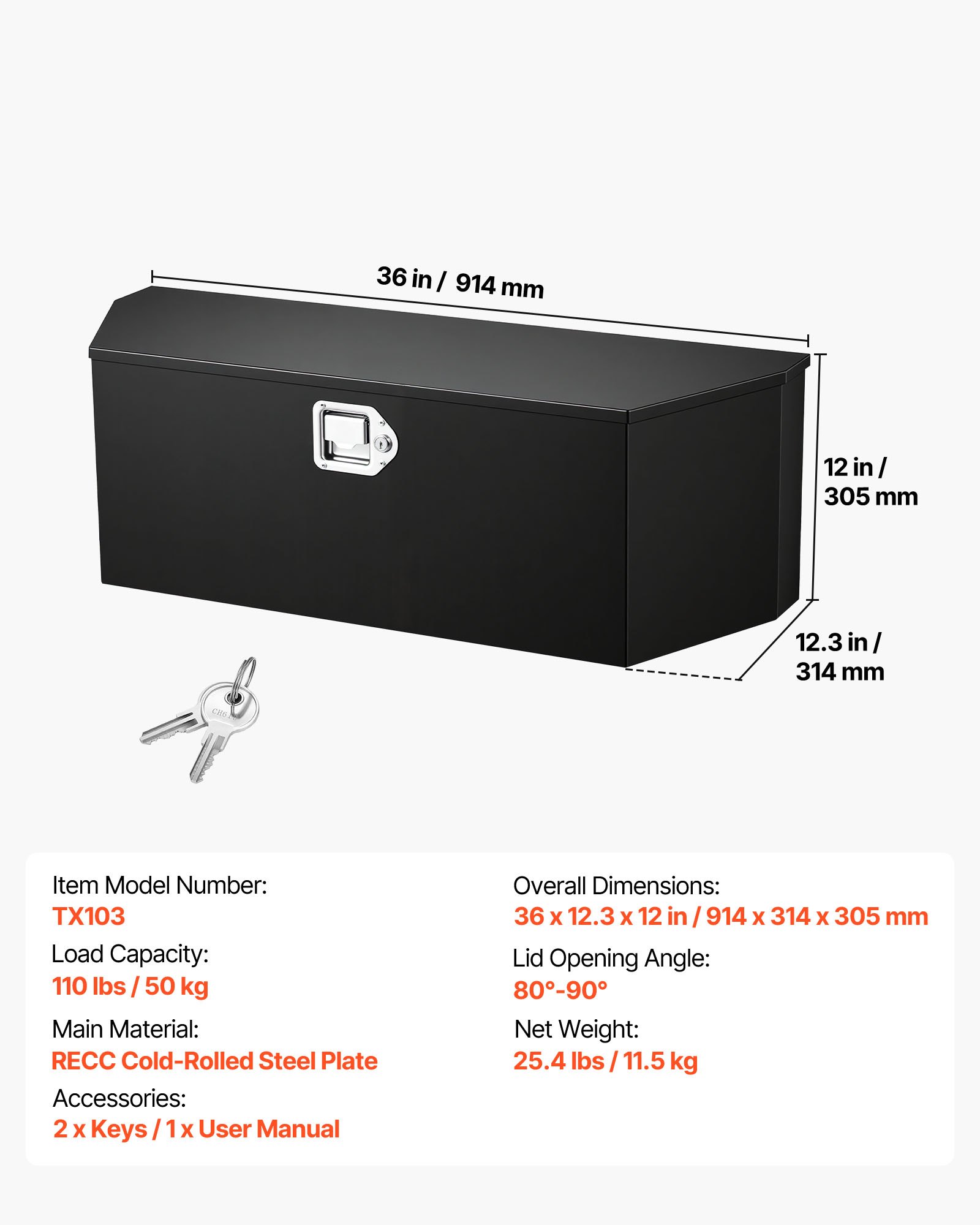 Skrzynia narzędziowa VEVOR Drawbar Box Truckbox 914 x 314 x 305 mm wykonana ze stali, nośność 50 kg, z zamkiem i kluczykami, do przyczep typu pickup, kamperów, SUV-ów, pojazdów terenowych, czarna