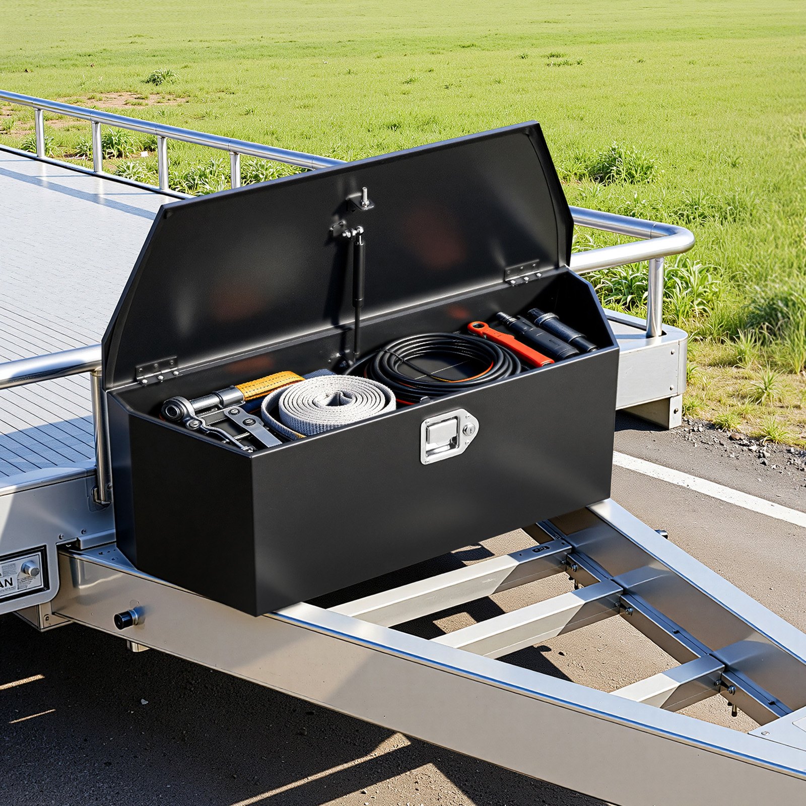 Skrzynia narzędziowa VEVOR Drawbar Box Truckbox 914 x 314 x 305 mm wykonana ze stali, nośność 50 kg, z zamkiem i kluczykami, do przyczep typu pickup, kamperów, SUV-ów, pojazdów terenowych, czarna