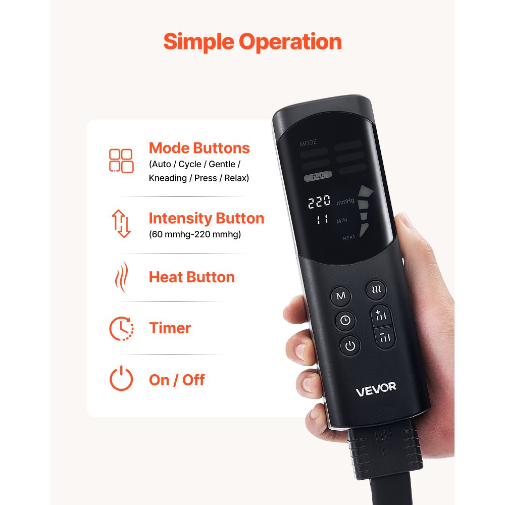 Masażer do nóg VEVOR z drenażem limfatycznym i kompresją powietrza, 9 poziomów intensywności, do codziennego relaksu, 6 programów masażu, 3 poziomy temperatury, funkcja automatycznego wyłączania, w zestawie torba do przechowywania i adapter