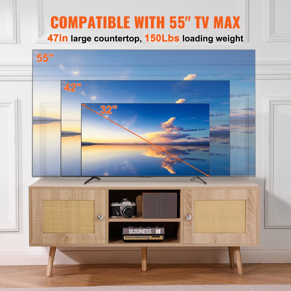 VEVOR Stojak pod telewizor z rattanu, szafka pod telewizor w stylu boho, szafka pod telewizor 140 cm, retro stojak pod telewizor, konsola pod telewizor z rattanu z regulowanymi półkami i 2 drzwiami, do salonu, pokoju multimedialnego, dąb