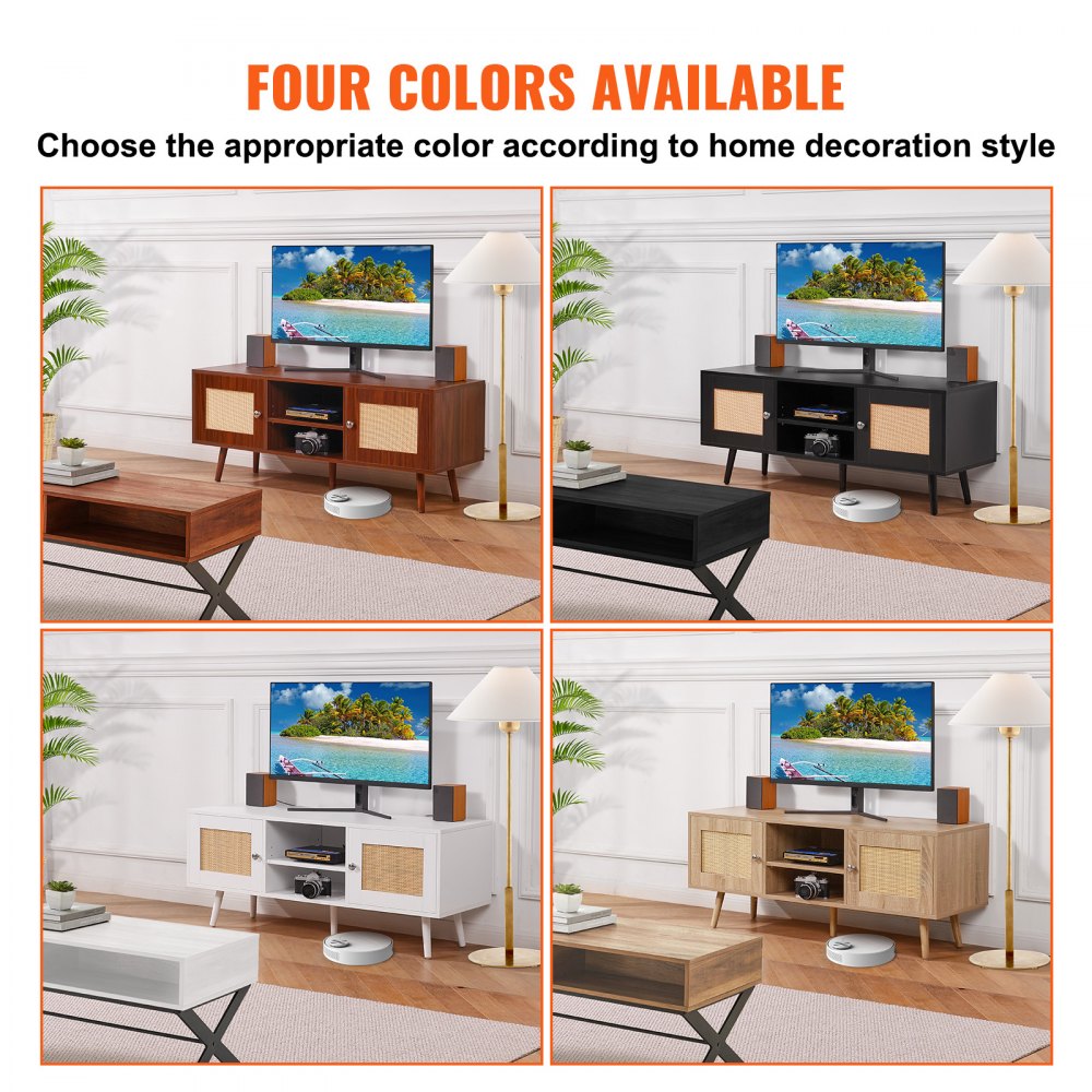 VEVOR Stojak pod telewizor z rattanu, szafka pod telewizor w stylu boho, szafka pod telewizor 140 cm, retro stojak pod telewizor, konsola pod telewizor z rattanu z regulowanymi półkami i 2 drzwiami, do salonu, pokoju multimedialnego, dąb