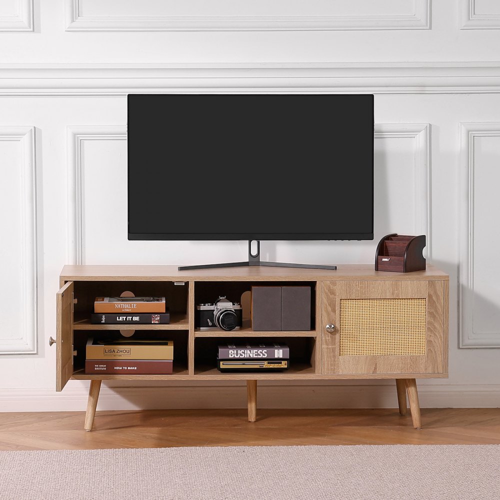 VEVOR Stojak pod telewizor z rattanu, szafka pod telewizor w stylu boho, szafka pod telewizor 140 cm, retro stojak pod telewizor, konsola pod telewizor z rattanu z regulowanymi półkami i 2 drzwiami, do salonu, pokoju multimedialnego, dąb