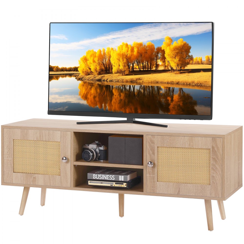 VEVOR Stojak pod telewizor z rattanu, szafka pod telewizor w stylu boho, szafka pod telewizor 140 cm, retro stojak pod telewizor, konsola pod telewizor z rattanu z regulowanymi półkami i 2 drzwiami, do salonu, pokoju multimedialnego, dąb