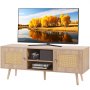 VEVOR Stojak pod telewizor z rattanu, szafka pod telewizor w stylu boho, szafka pod telewizor 140 cm, retro stojak pod telewizor, konsola pod telewizor z rattanu z regulowanymi półkami i 2 drzwiami, do salonu, pokoju multimedialnego, dąb