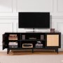 VEVOR Rattan TV Stand for 191 cm TVs, Boho TV Stand with Rattan Door, TV Cabinet with Built-in Power Outlet, Storage Cabinet with 2 Shelves, Modern TV Console for Living Room, Black