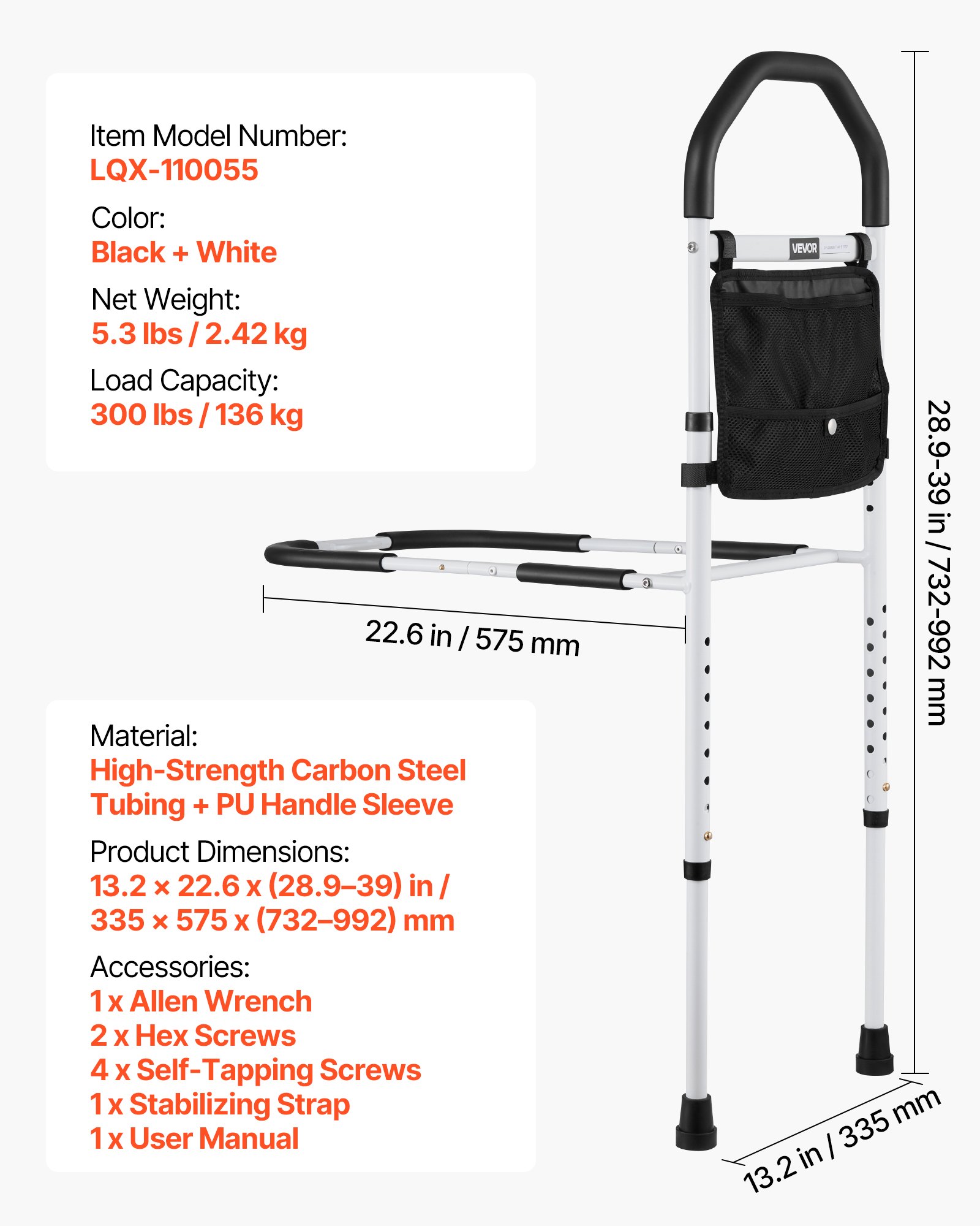 VEVOR Podwyższenie łóżka, uchwyty z nogą podporową i poręczą z poliuretanu, regulowana laska do chodzenia o wysokości 732-992 mm wykonana z rurki ze stali węglowej, pomoc w wejściu do łóżka dla łóżek typu king-size, queen-size, pełnowymiarowych i pojedynczych